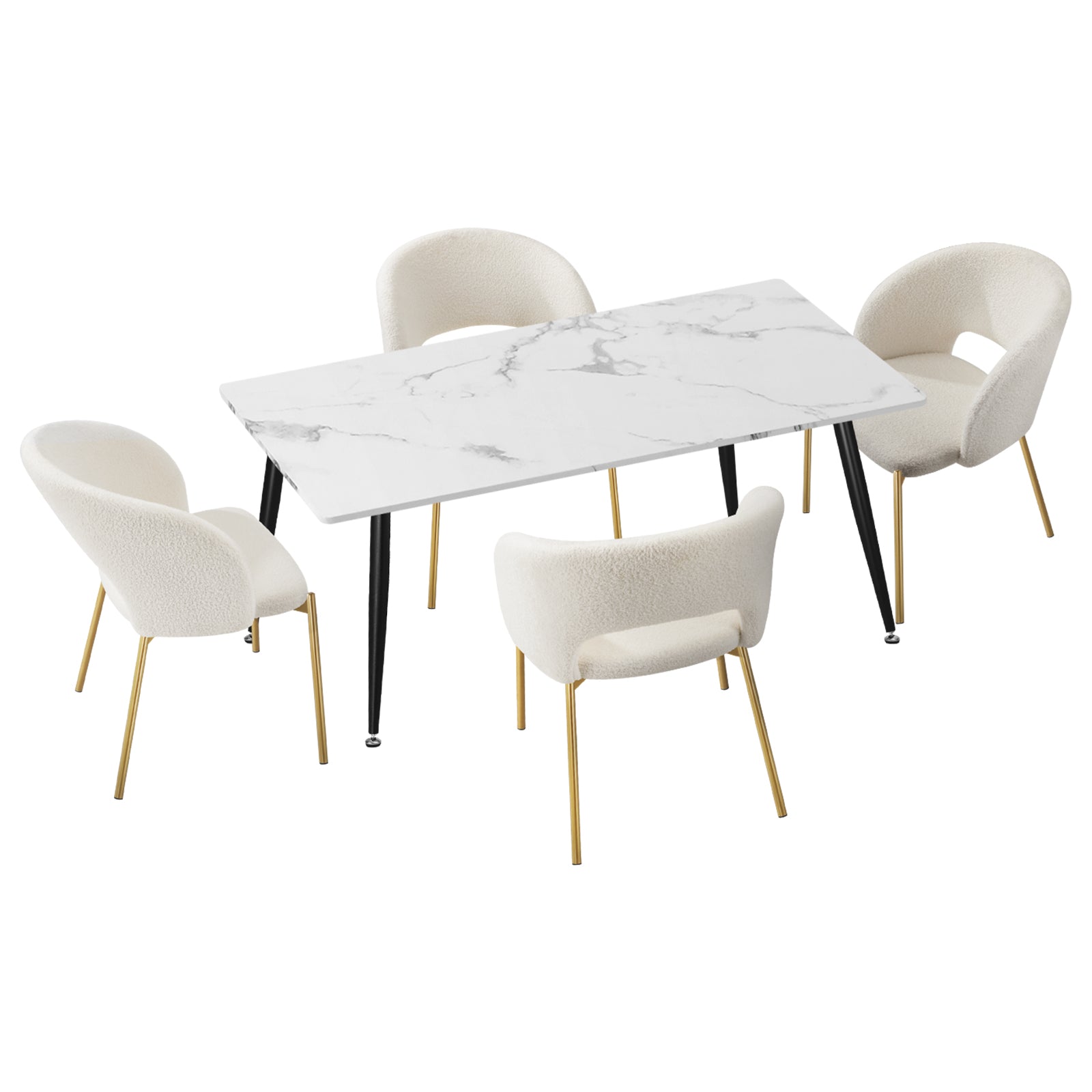 Oikiture 120cm Rectangle Dining Table with 4PCS Dining Chairs Sherpa White - Sunyee