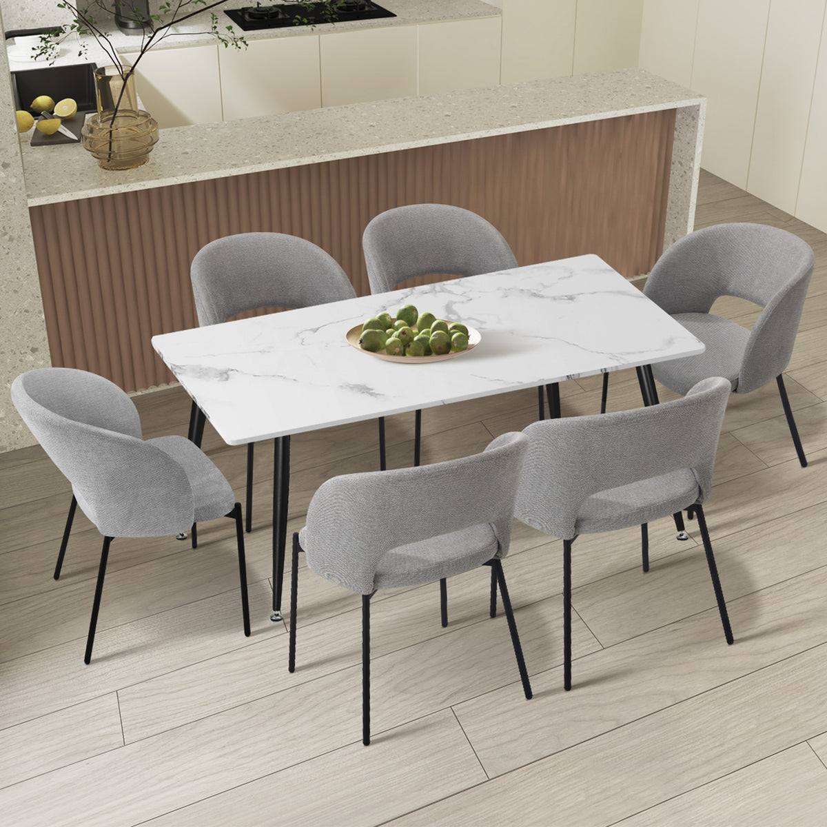 Oikiture 120cm Rectangle Dining Table with 6PCS Dining Chairs Fabric Grey - Sunyee