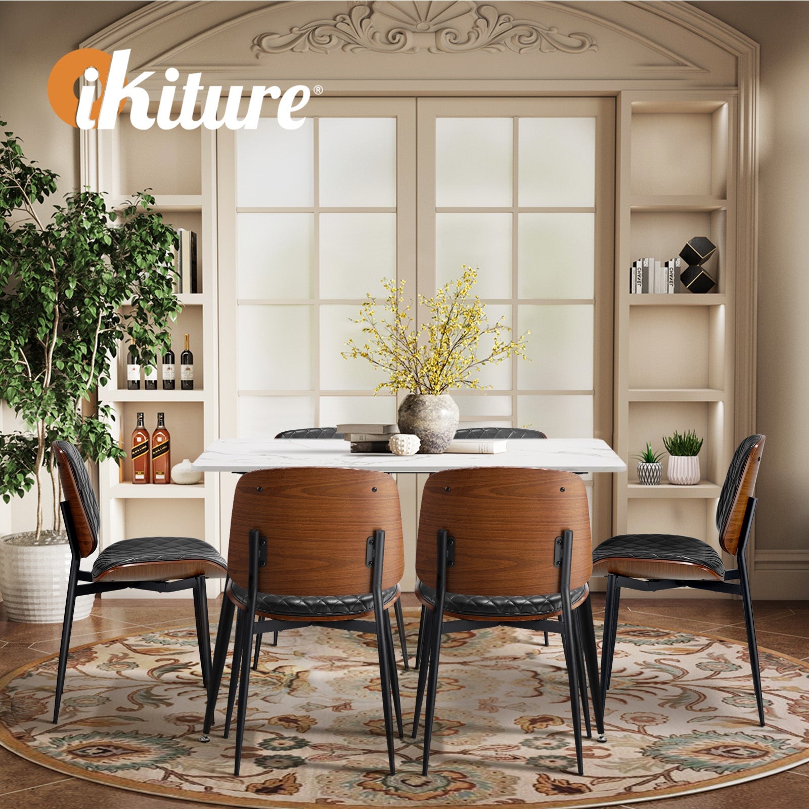 Oikiture 120cm Rectangle Dining Table with 6PCS Dining Chairs PU Black - Sunyee