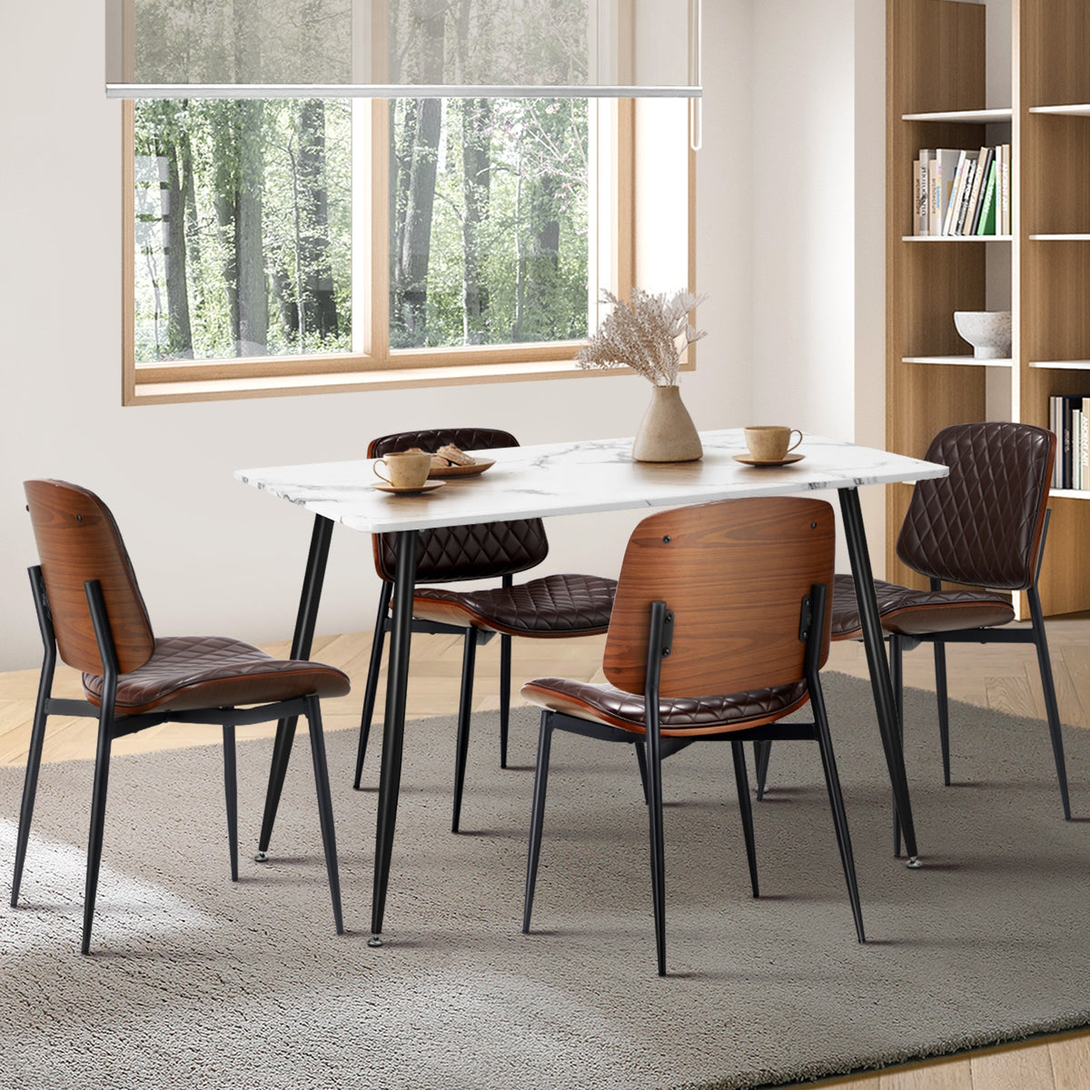 Oikiture 120cm Rectangle Dining Table with 4PCS Dining Chairs PU Walnut - Sunyee