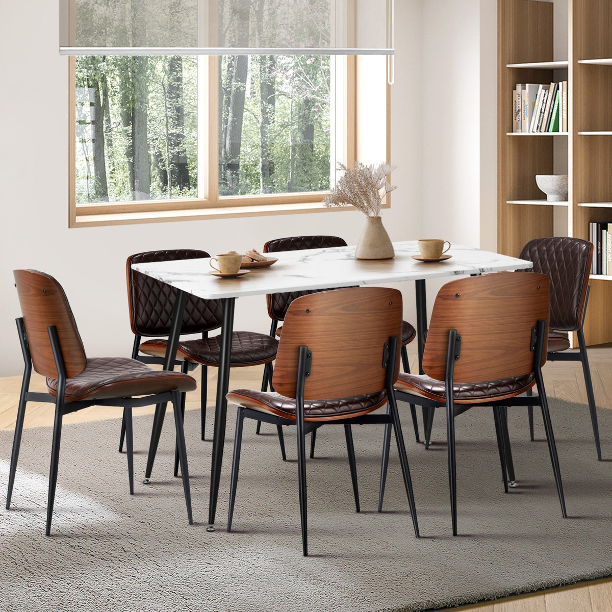 Oikiture 120cm Rectangle Dining Table with 6PCS Dining Chairs PU Walnut - Sunyee