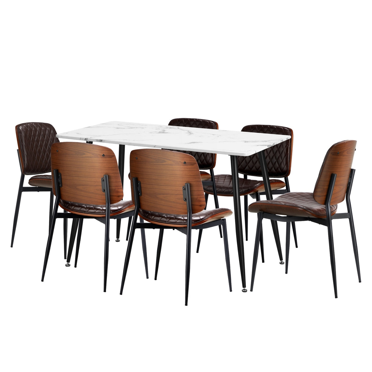 Oikiture 120cm Rectangle Dining Table with 6PCS Dining Chairs PU Walnut - Sunyee