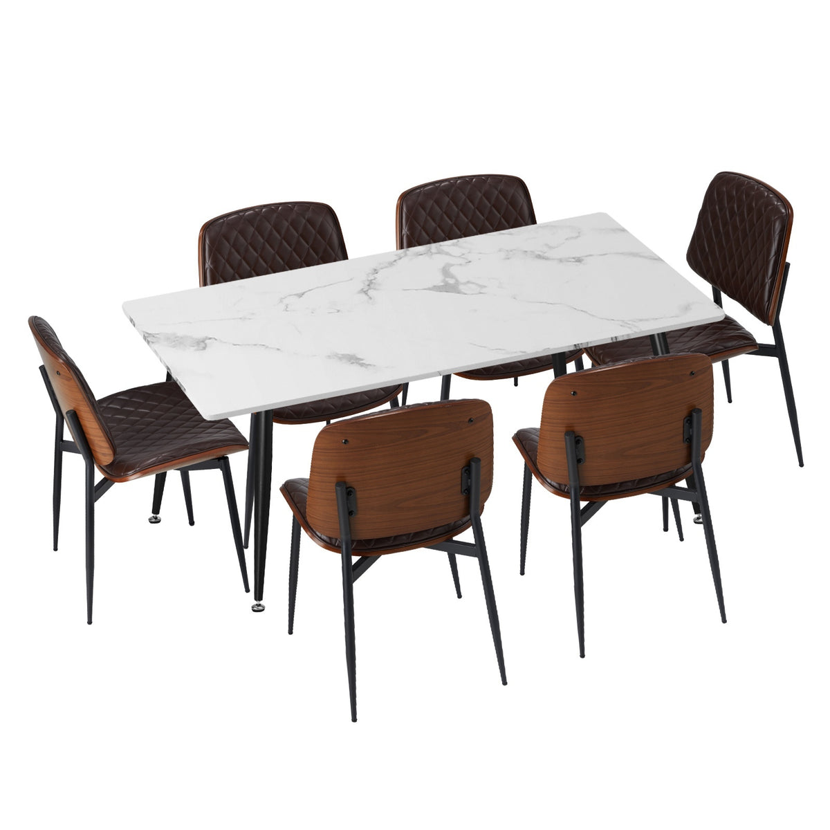 Oikiture 120cm Rectangle Dining Table with 6PCS Dining Chairs PU Walnut - Sunyee