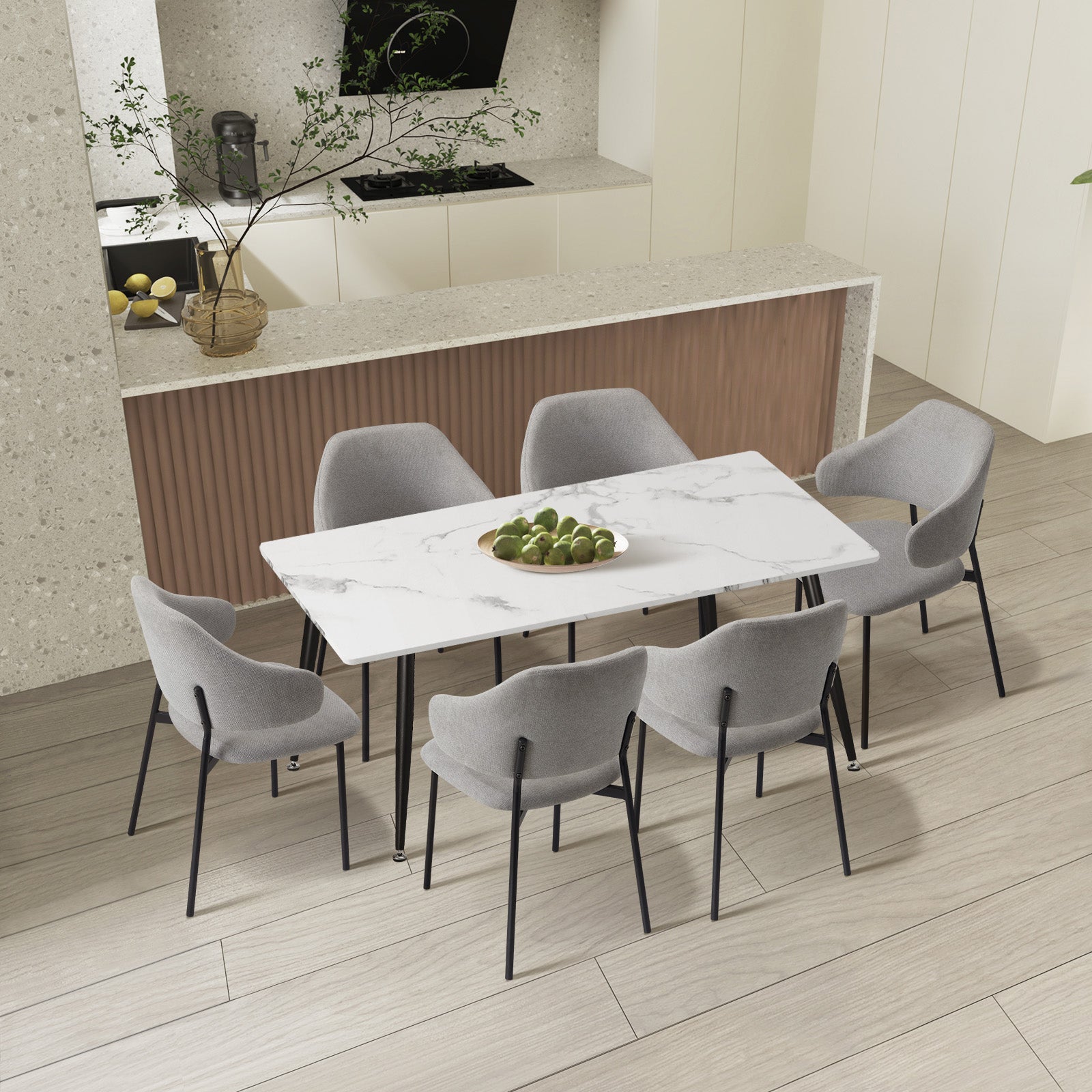 Oikiture 120cm Rectangle Dining Table with 6PCS Dining Chairs Fabric Grey - Sunyee