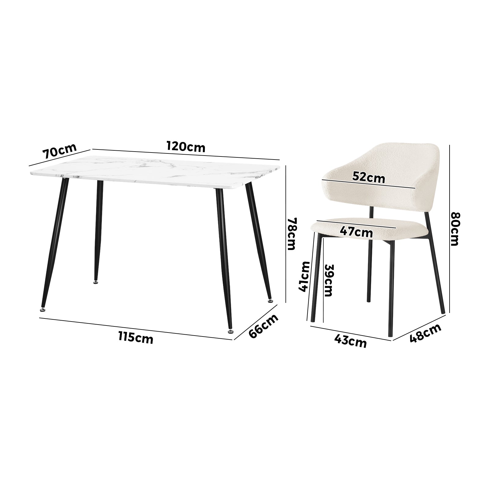 Oikiture 120cm Rectangle Dining Table with 4PCS Dining Chairs Sherpa White - Sunyee