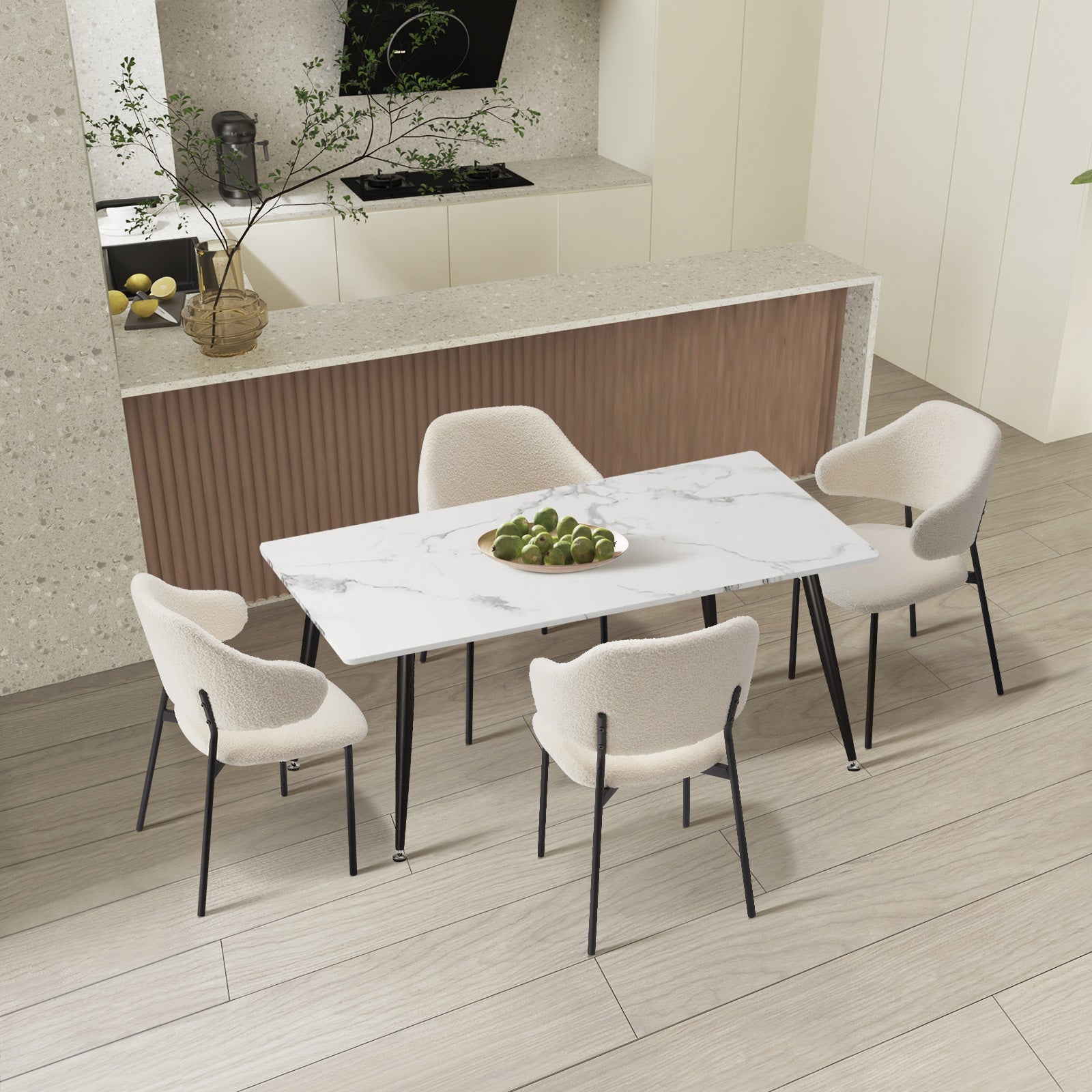 Oikiture 120cm Rectangle Dining Table with 4PCS Dining Chairs Sherpa White - Sunyee
