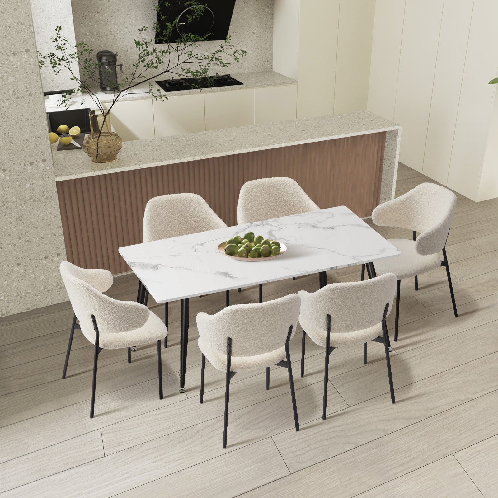 Oikiture 120cm Rectangle Dining Table with 6PCS Dining Chairs Sherpa White - Sunyee