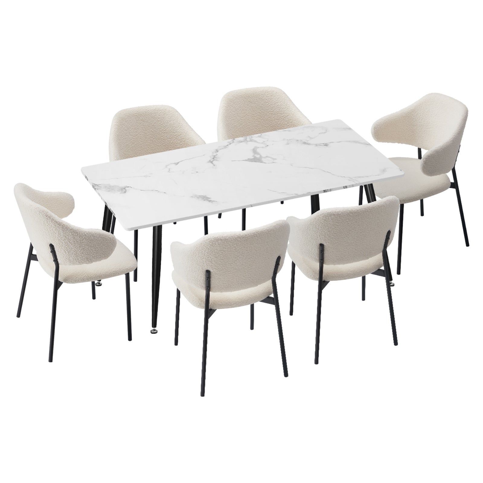 Oikiture 120cm Rectangle Dining Table with 6PCS Dining Chairs Sherpa White - Sunyee