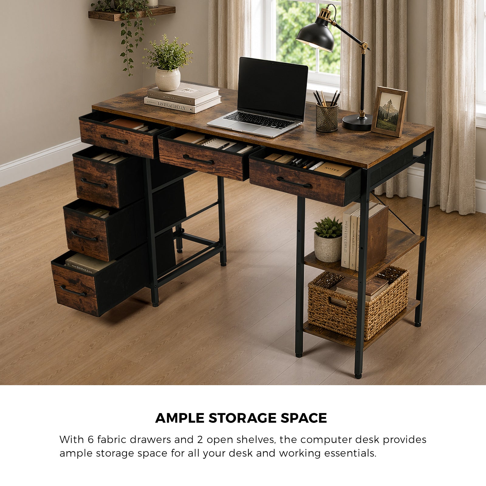 Oikiture Computer Desk with 6 Fabric Drawers Storage Shelves Gaming Table 120cm