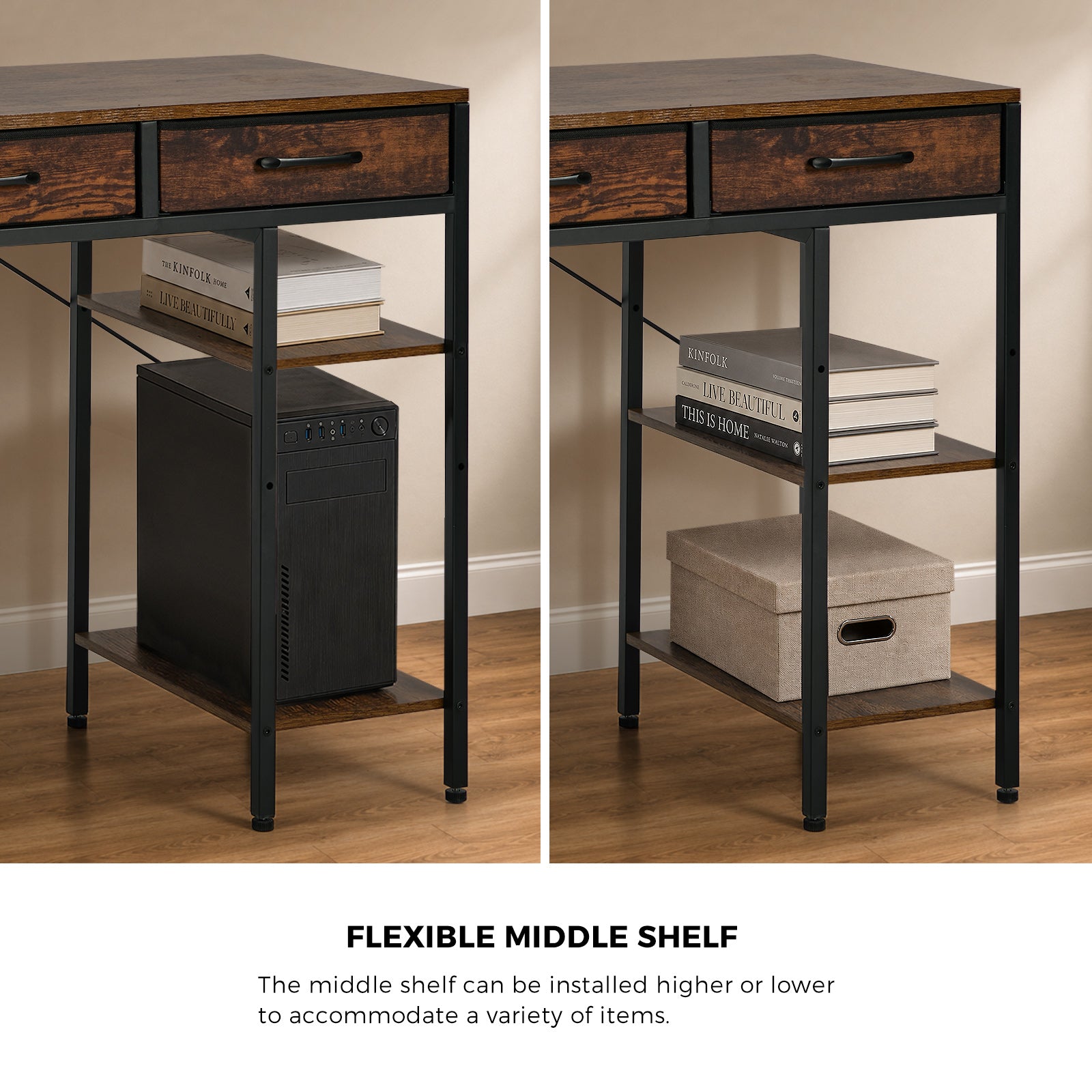 Oikiture Computer Desk with 6 Fabric Drawers Storage Shelves Gaming Table 120cm