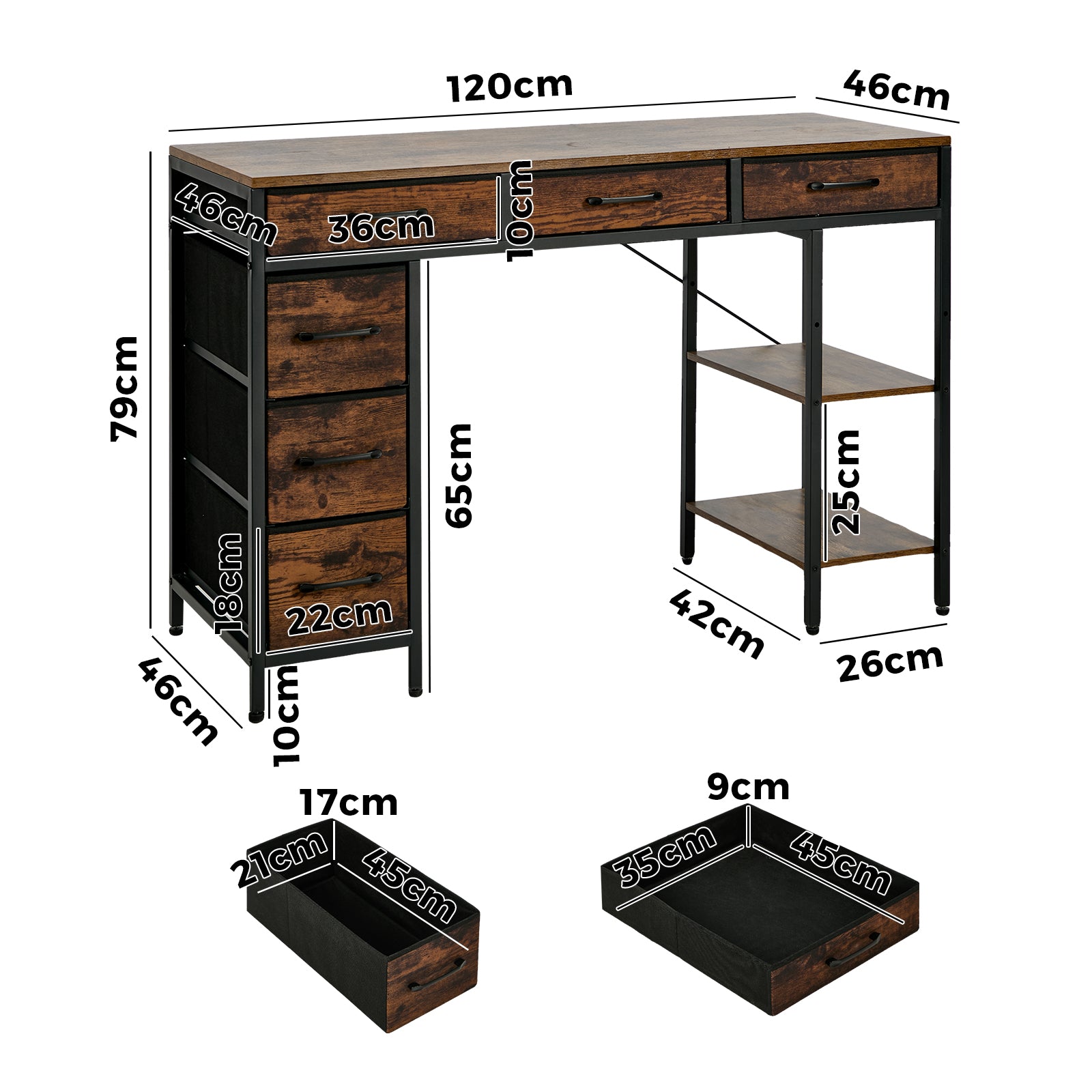 Oikiture Computer Desk with 6 Fabric Drawers Storage Shelves Gaming Table 120cm
