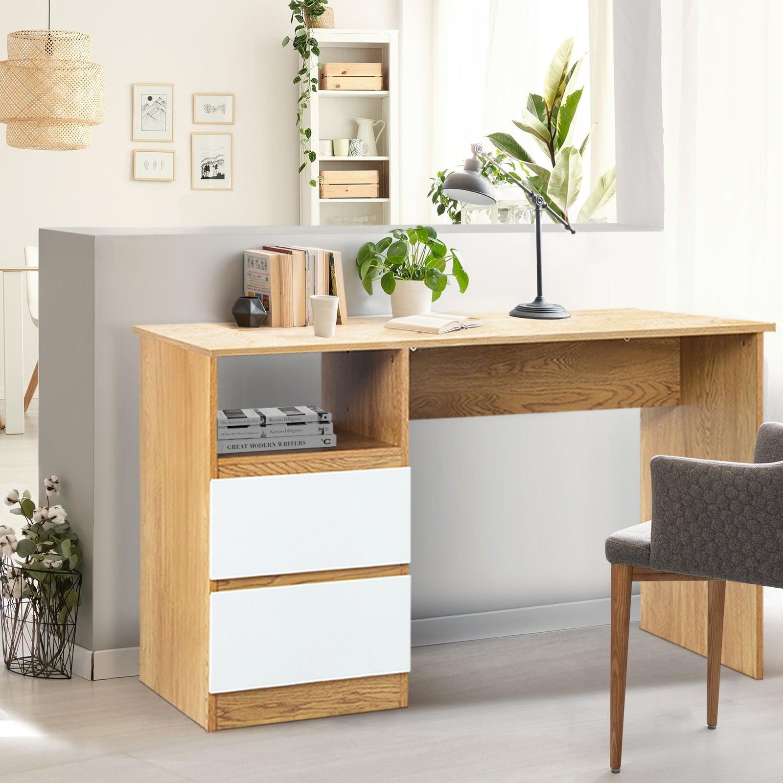 Oikiture Computer Desk Drawers Storage Laptop Table Student Study Office Desks - Sunyee