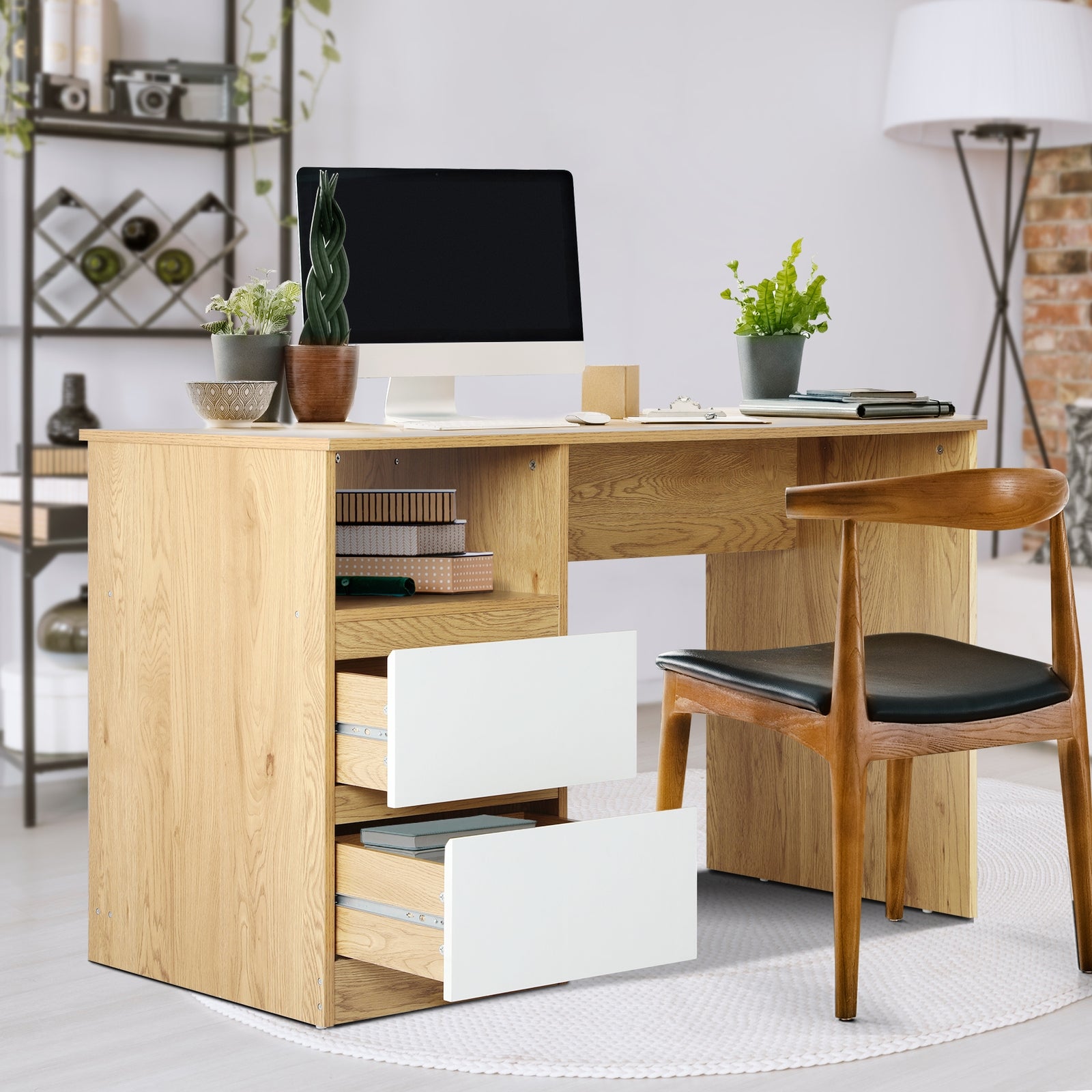 Oikiture Computer Desk Drawers Storage Laptop Table Student Study Office Desks - Sunyee