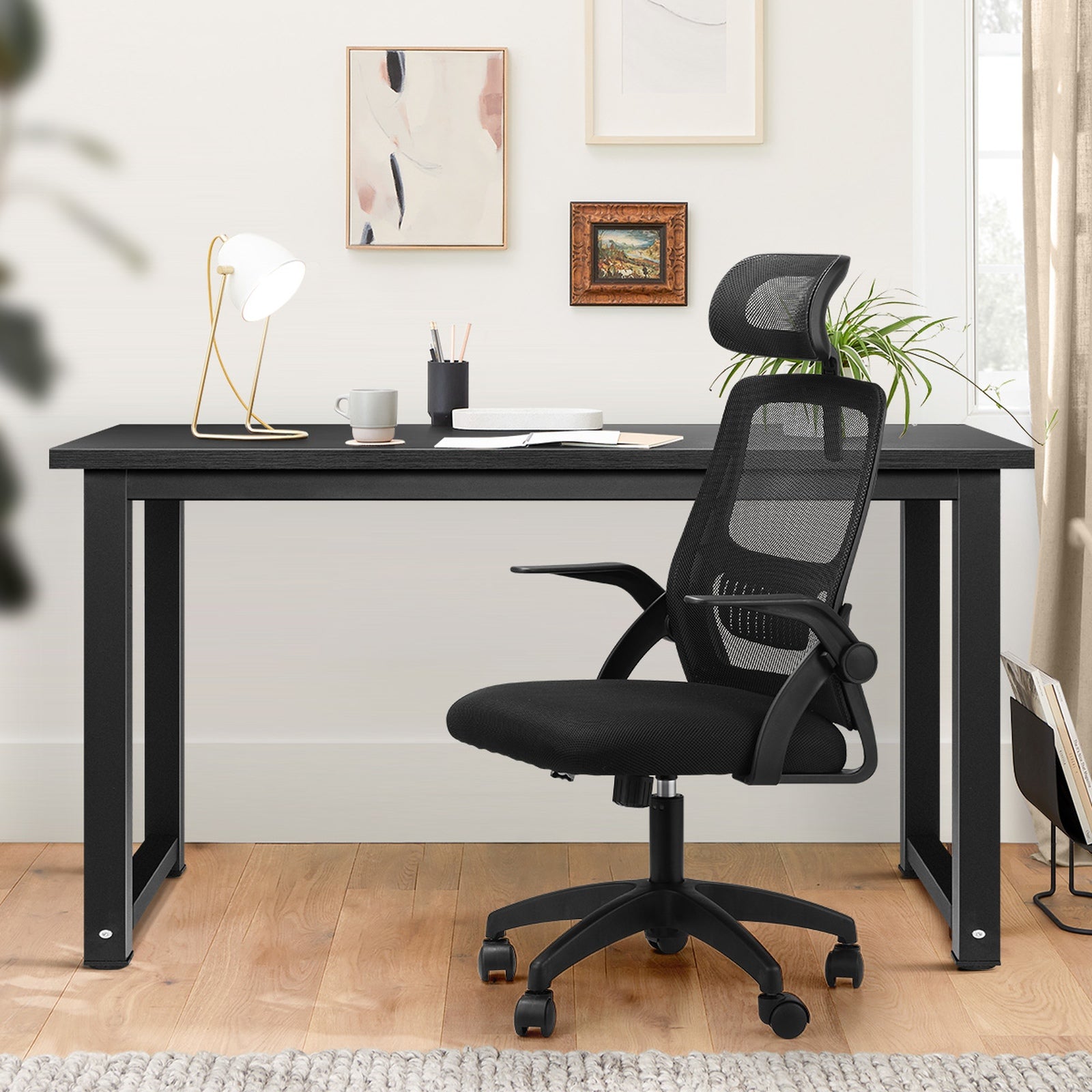 Oikiture Home Office Desk and Chair Set Computer Desk Mesh Office Chair Black - Sunyee