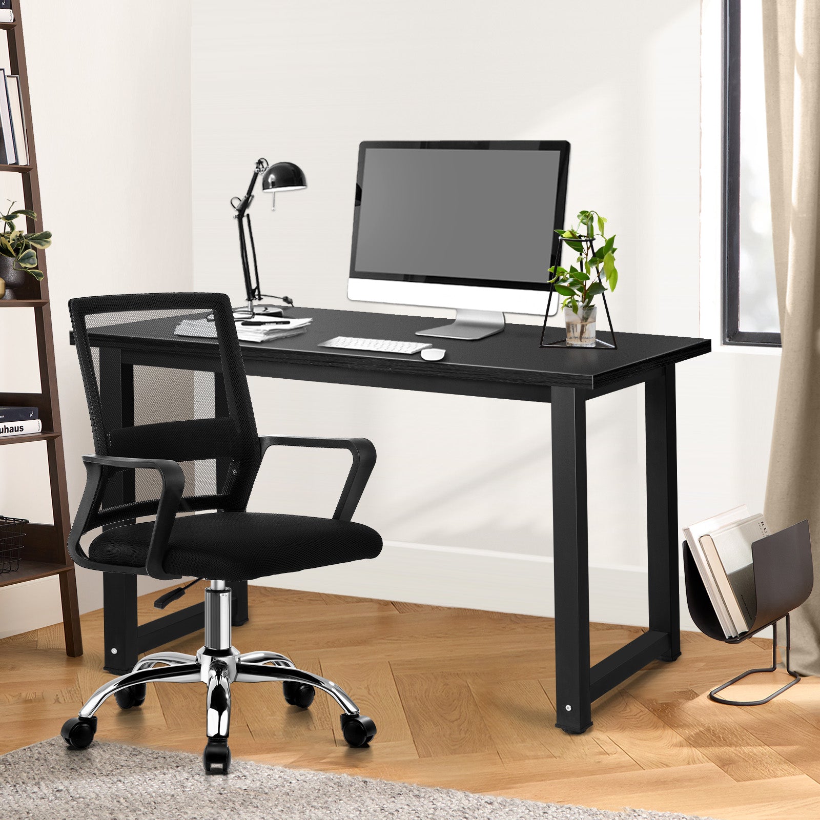 Oikiture Home Office Desk and Chair Set Black Study Work Gaming Computer Table