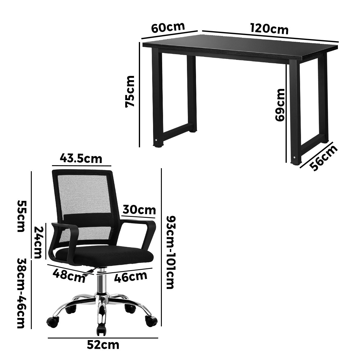 Oikiture Home Office Desk and Chair Set Black Study Work Gaming Computer Table