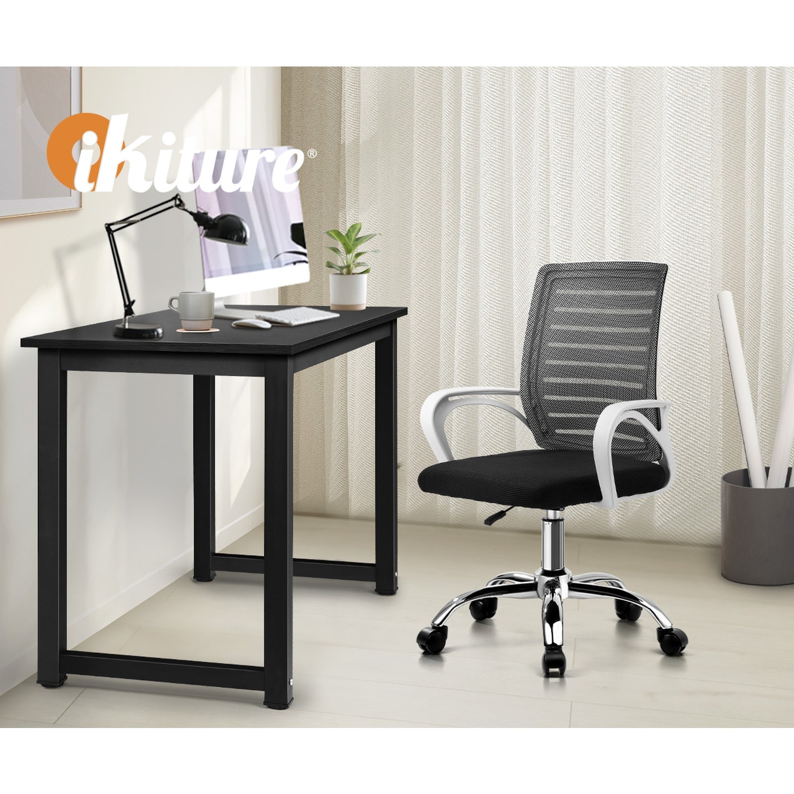 Oikiture Home Office Desk and Chair Set BK&WH Study Work Table Mesh Office Chair - Sunyee