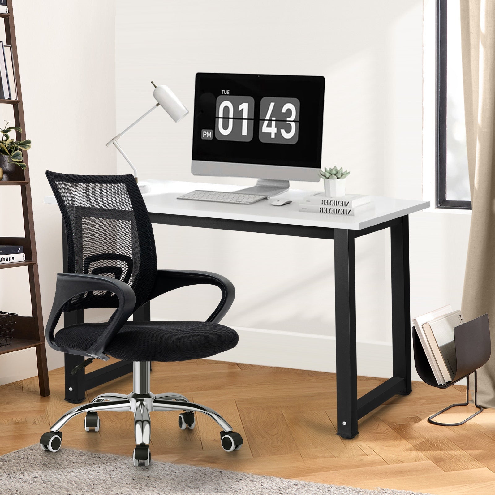 Oikiture Home Office Desk and Chair Set BK&WH Computer Desk Mesh Office Chair - Sunyee