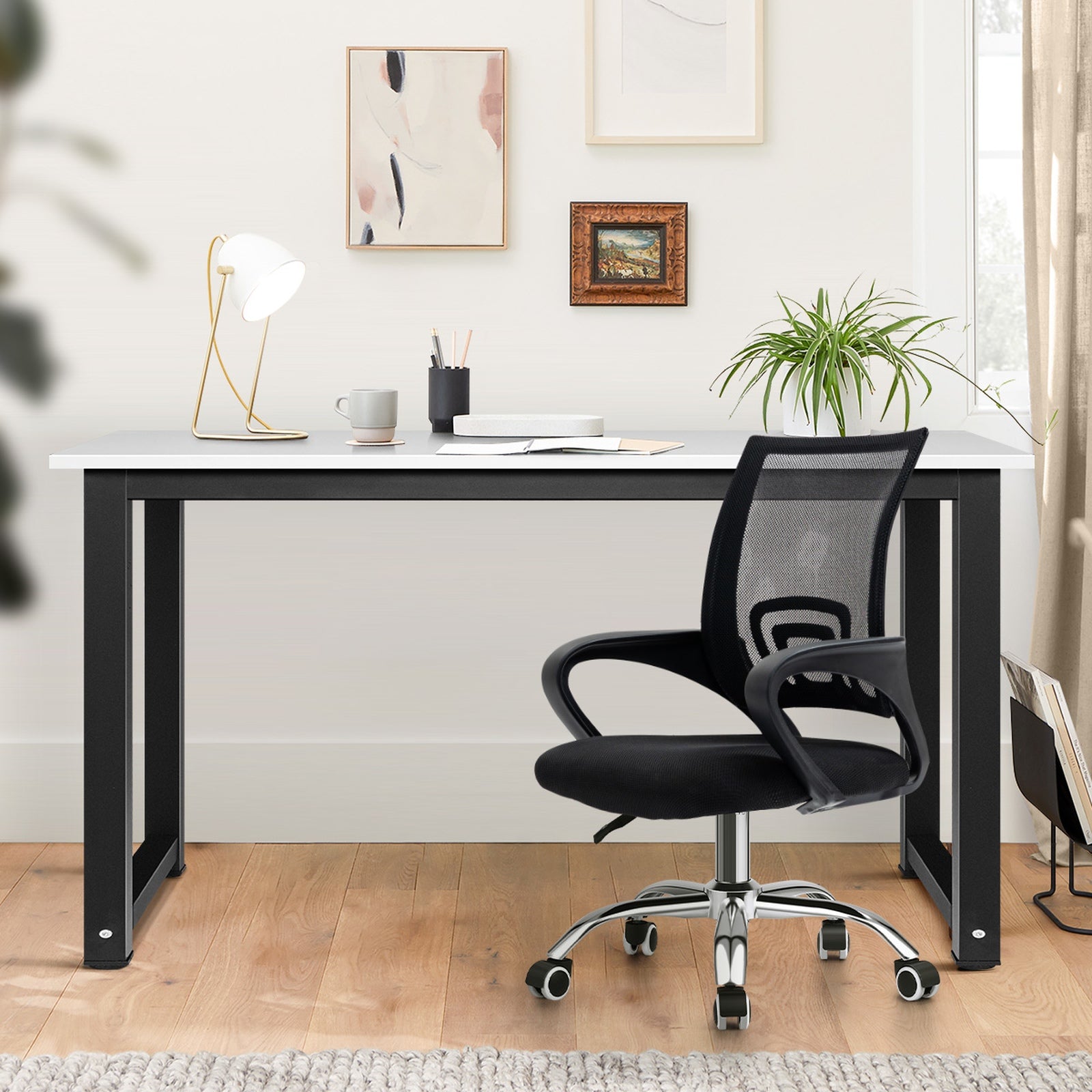 Oikiture Home Office Desk and Chair Set BK&WH Computer Desk Mesh Office Chair - Sunyee