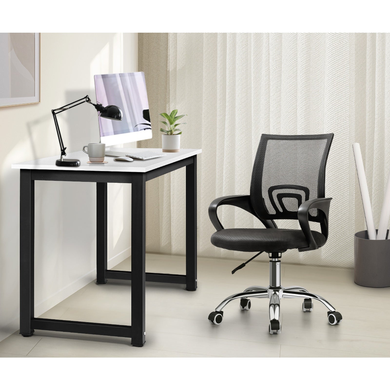 Oikiture Home Office Desk and Chair Set BK&WH Computer Desk Mesh Office Chair - Sunyee