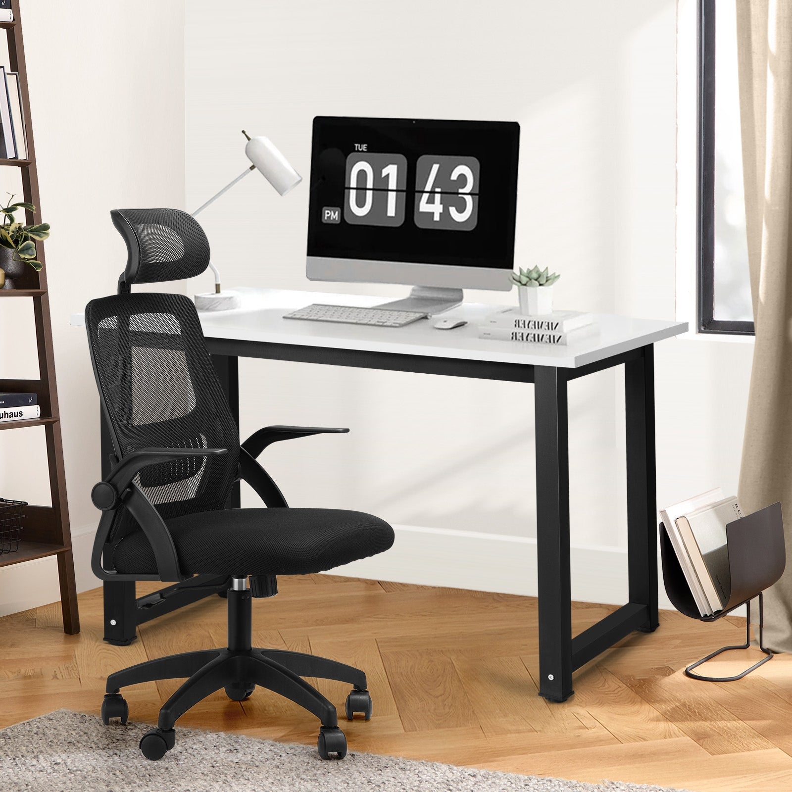 Oikiture Home Office Desk and Chair Set Computer Desk Mesh Office Chair BK&WH - Sunyee