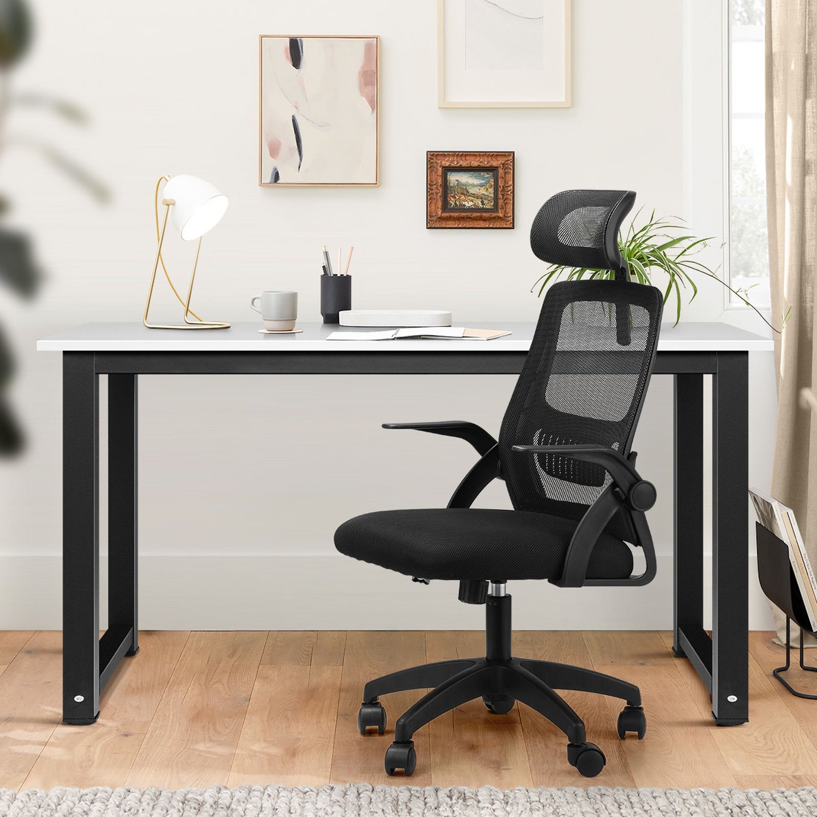 Oikiture Home Office Desk and Chair Set Computer Desk Mesh Office Chair BK&WH - Sunyee