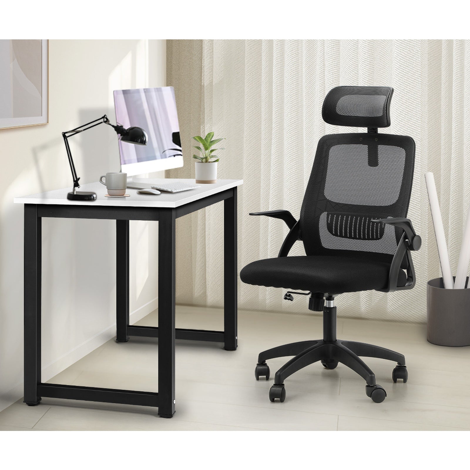 Oikiture Home Office Desk and Chair Set Computer Desk Mesh Office Chair BK&WH - Sunyee