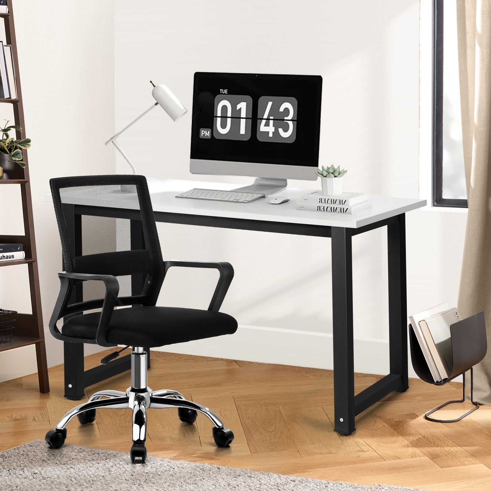 Oikiture Home Office Desk and Chair Set BK&WH Study Work Gaming Computer Table - Sunyee