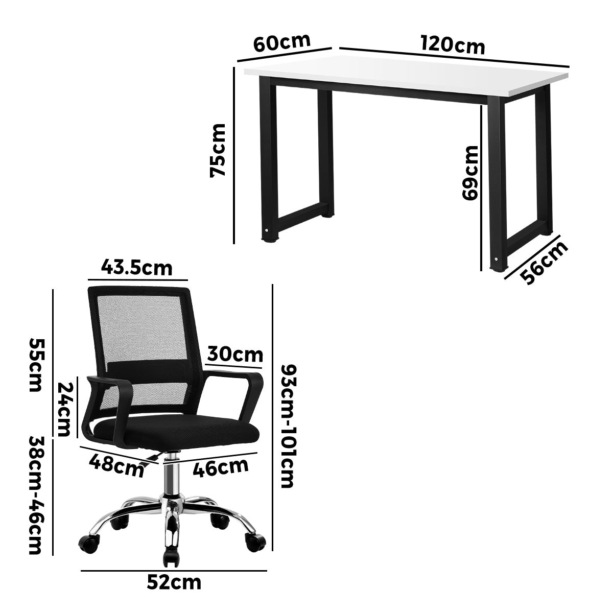 Oikiture Home Office Desk and Chair Set BK&WH Study Work Gaming Computer Table - Sunyee