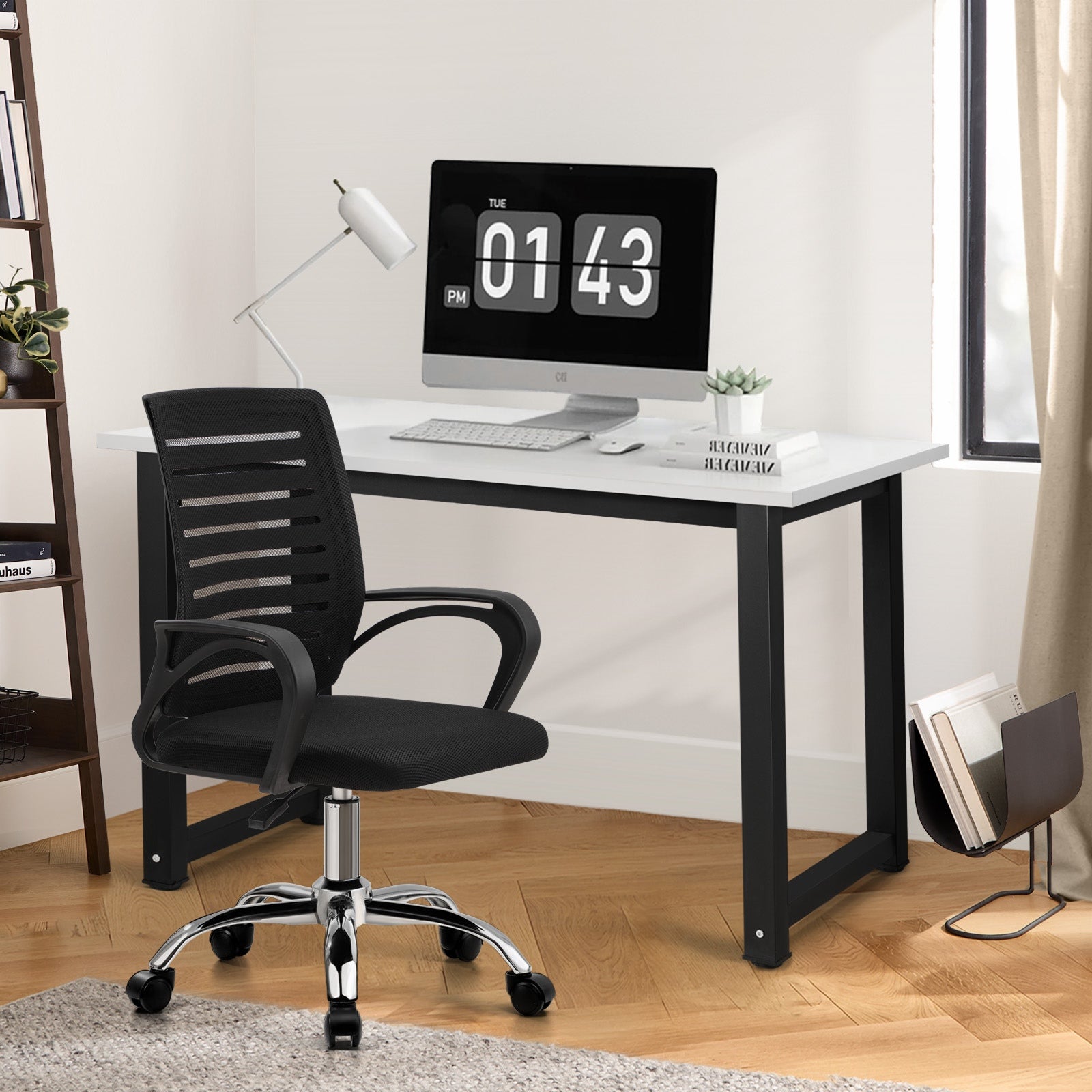 Oikiture Home Office Desk and Chair Set BK&WH Computer Desk Mesh Office Chair