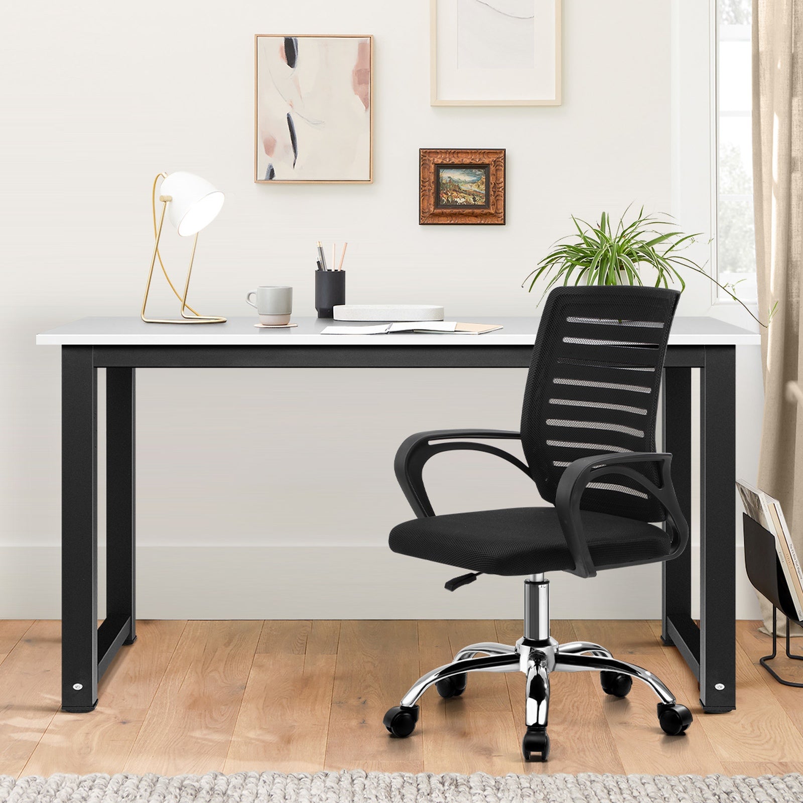 Oikiture Home Office Desk and Chair Set BK&WH Computer Desk Mesh Office Chair