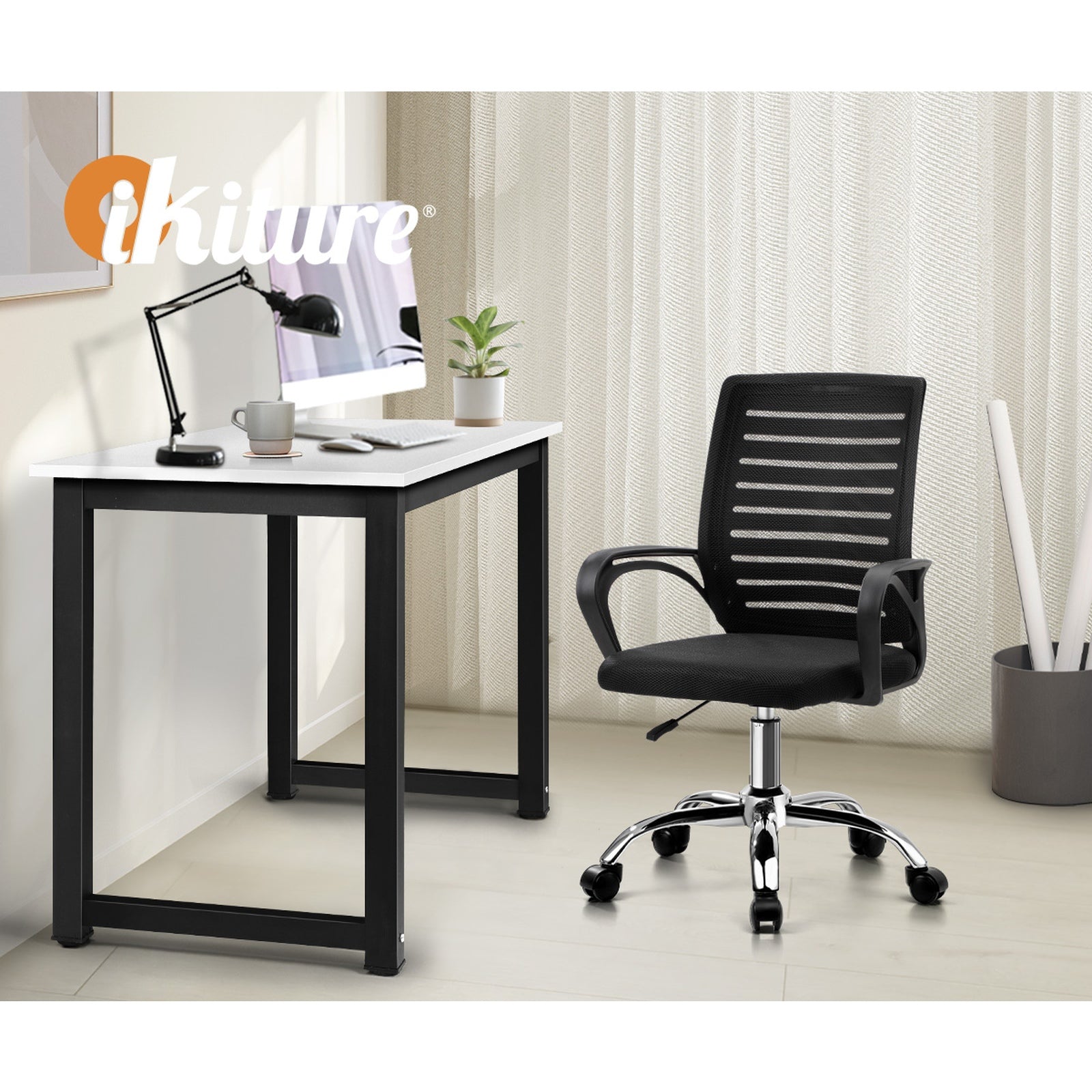 Oikiture Home Office Desk and Chair Set BK&WH Computer Desk Mesh Office Chair