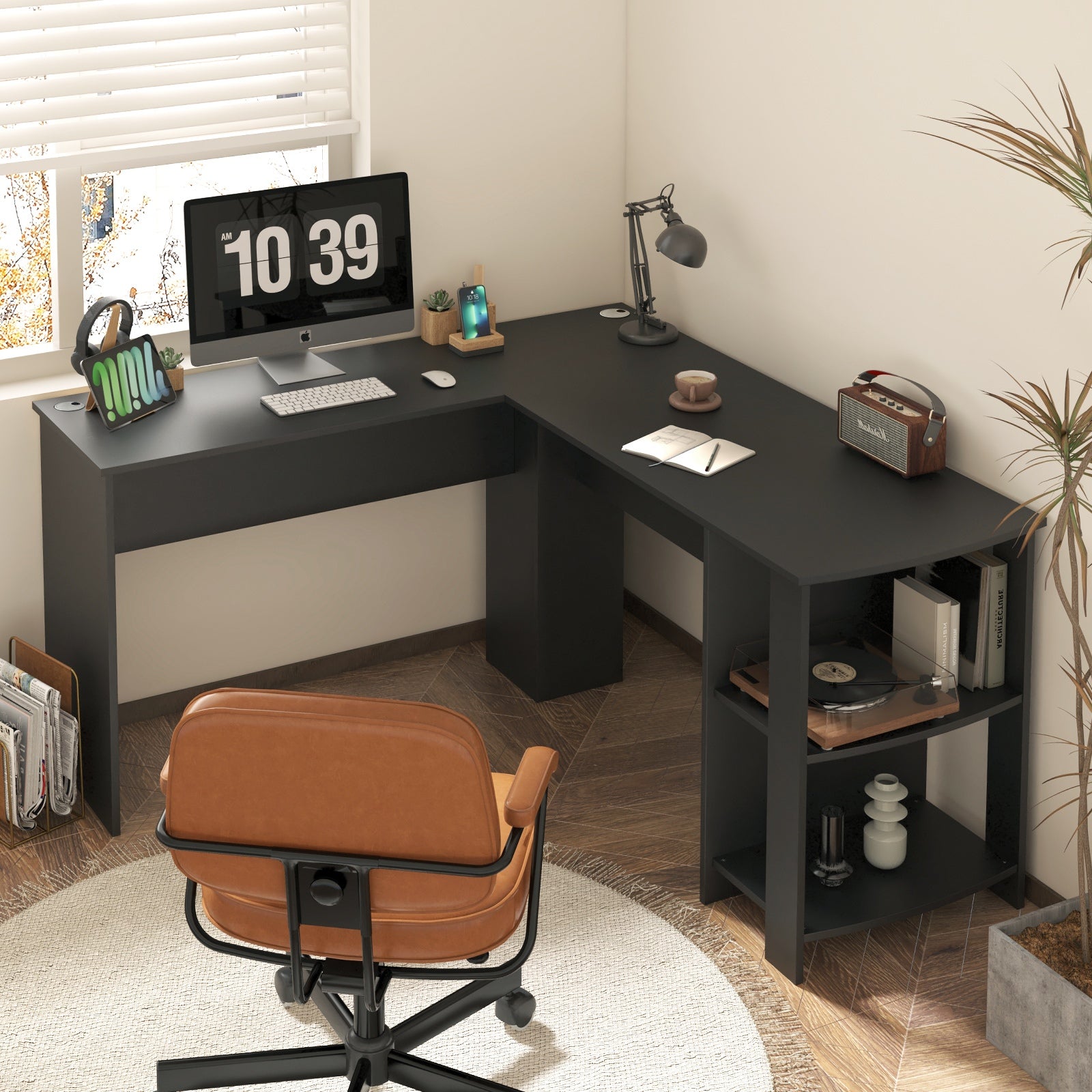 Oikiture L-shape Computer Desk Home Office Writing Desk w/ Storage Shelves Black - Sunyee