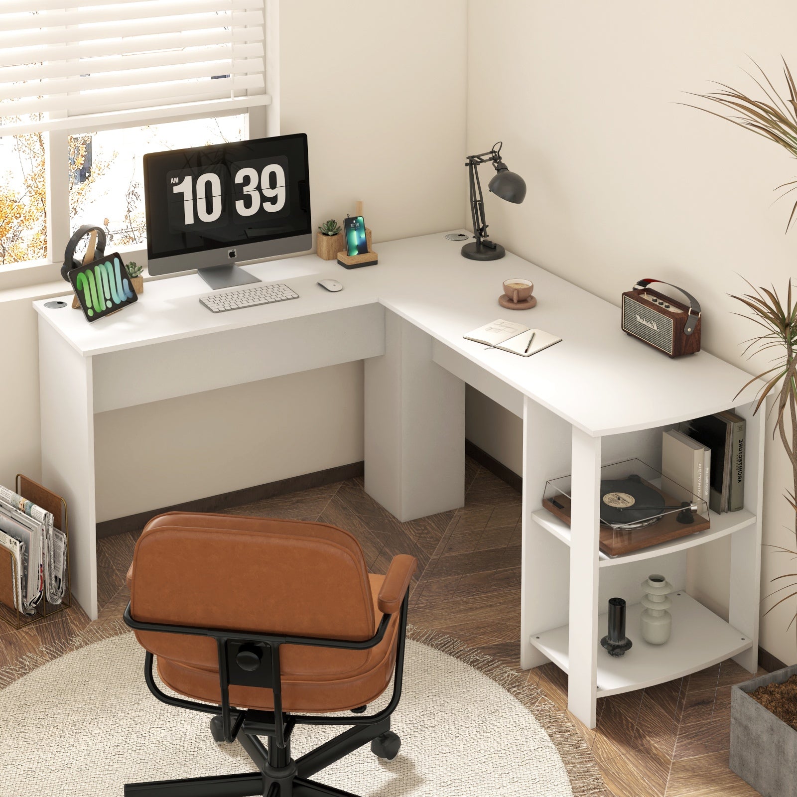 Oikiture L-shape Computer Desk Home Office Writing Desk w/ Storage Shelves White - Sunyee