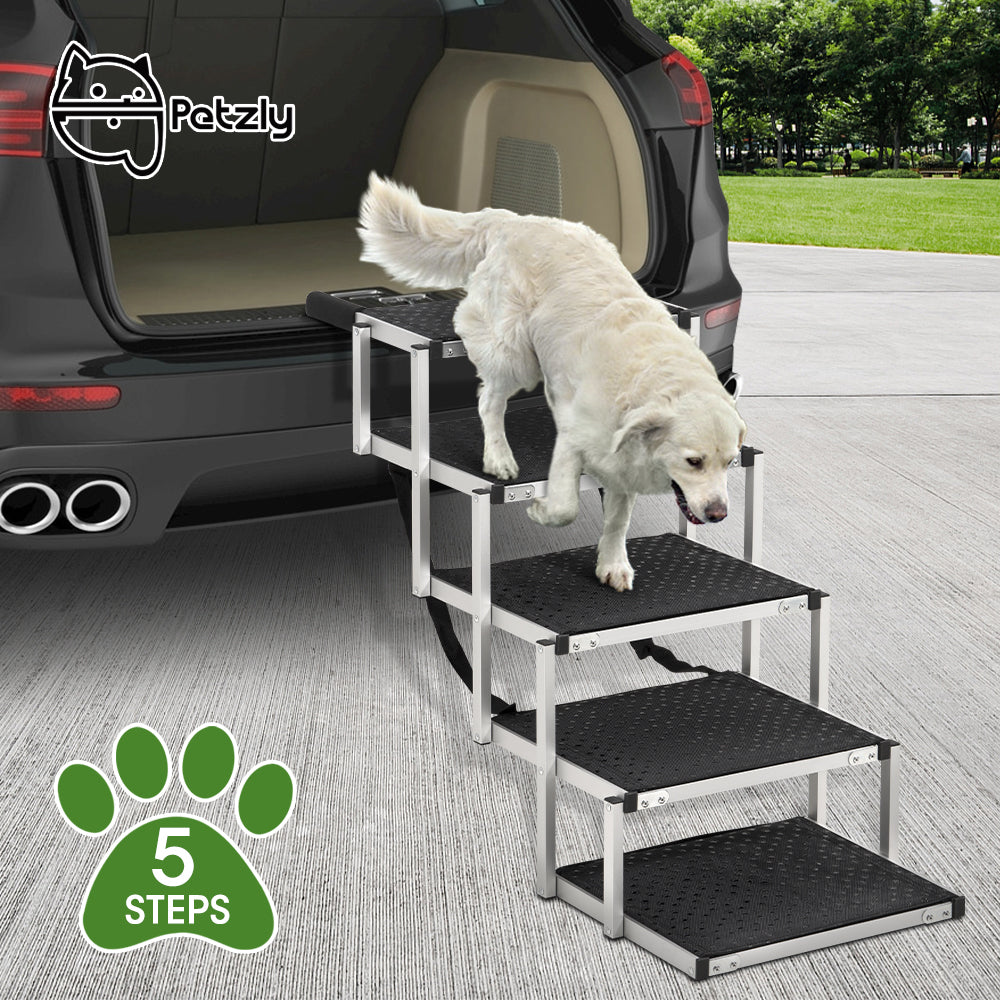 Petzly Foldable Dog Ramps 5 Steps Adjustable Height Dog Stair Portable Aluminium - Sunyee