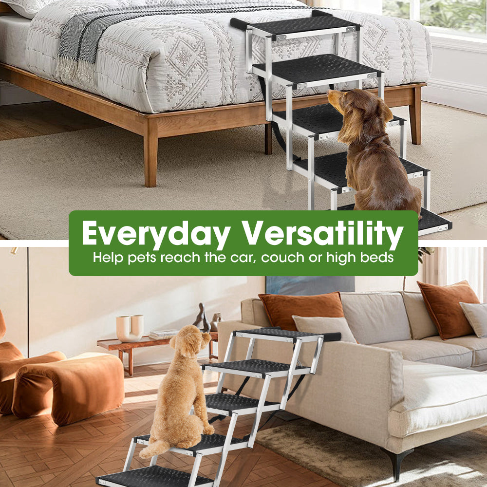 Petzly Foldable Dog Ramps 5 Steps Adjustable Height Dog Stair Portable Aluminium - Sunyee