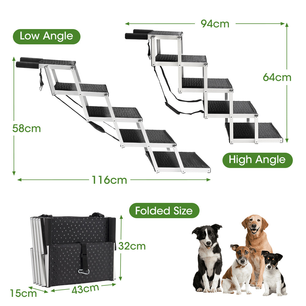 Petzly Foldable Dog Ramps 5 Steps Adjustable Height Dog Stair Portable Aluminium - Sunyee