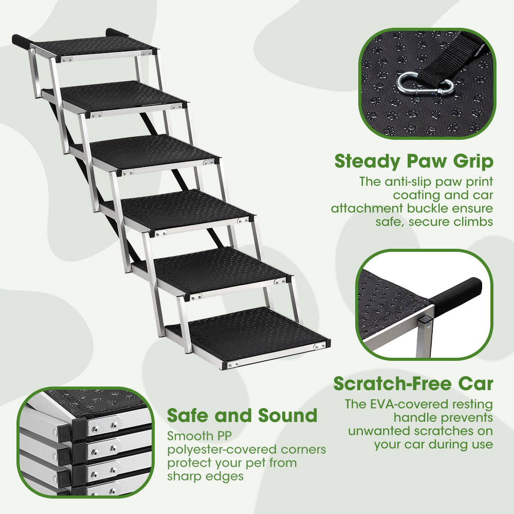 Petzly Foldable Dog Ramps 6 Steps Adjustable Height Dog Stair Portable Aluminium - Sunyee