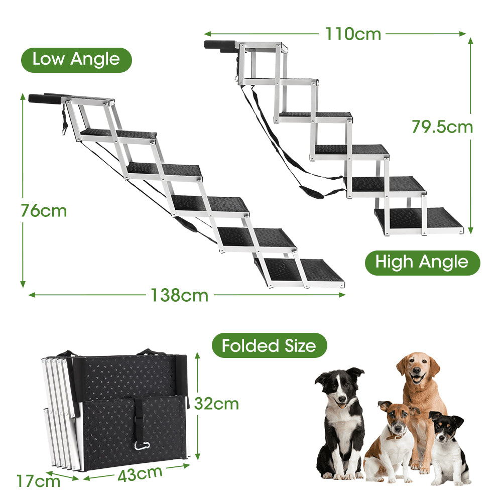 Petzly Foldable Dog Ramps 6 Steps Adjustable Height Dog Stair Portable Aluminium - Sunyee