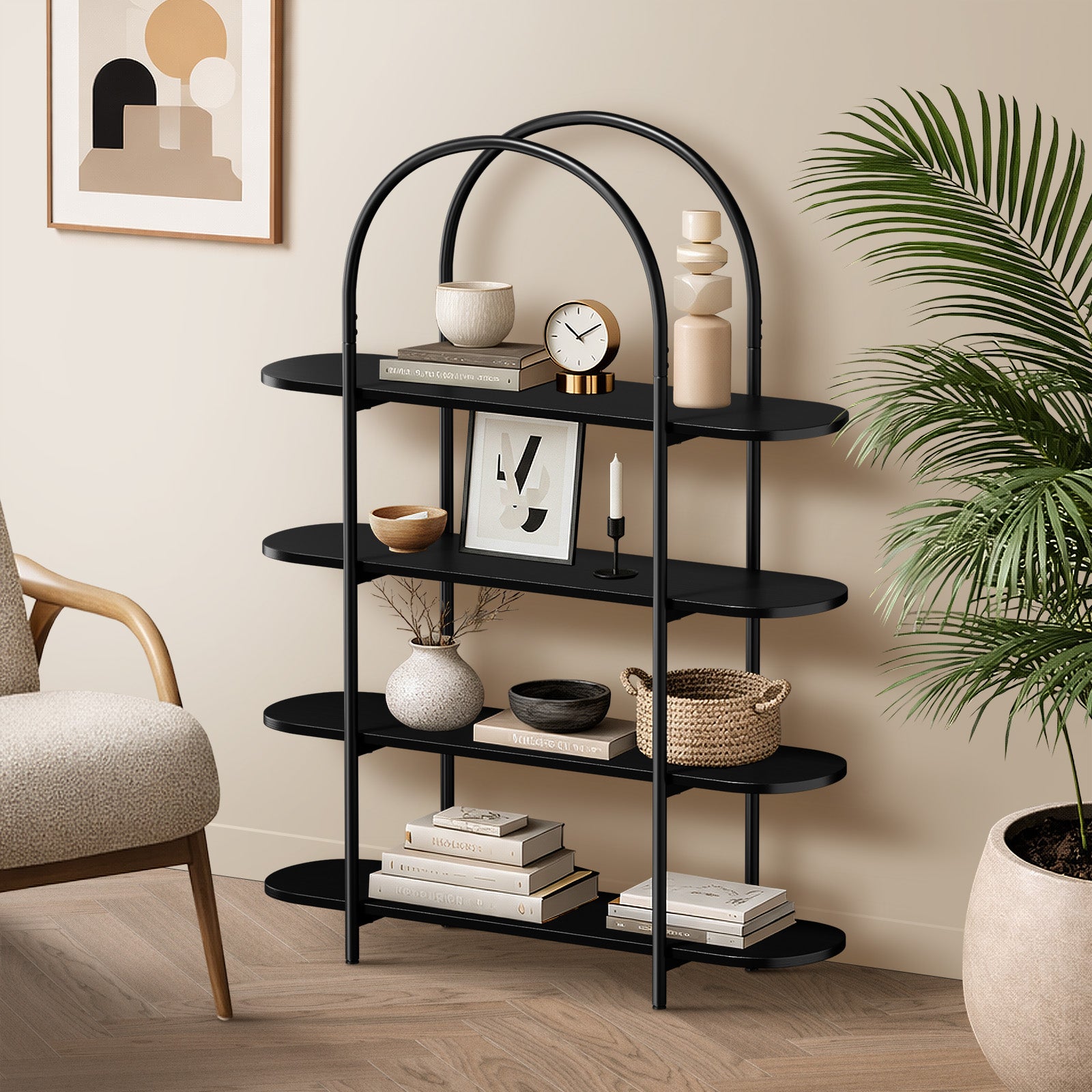 Oikiture Bookshelf 4 Tier Arched Display Shelf Home Industrial Black - Sunyee