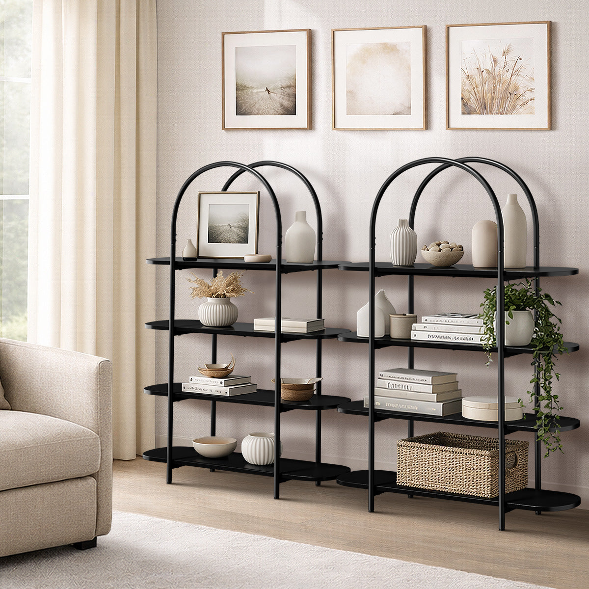 Oikiture Bookshelf 4 Tier Arched Display Shelf Home Industrial Black - Sunyee