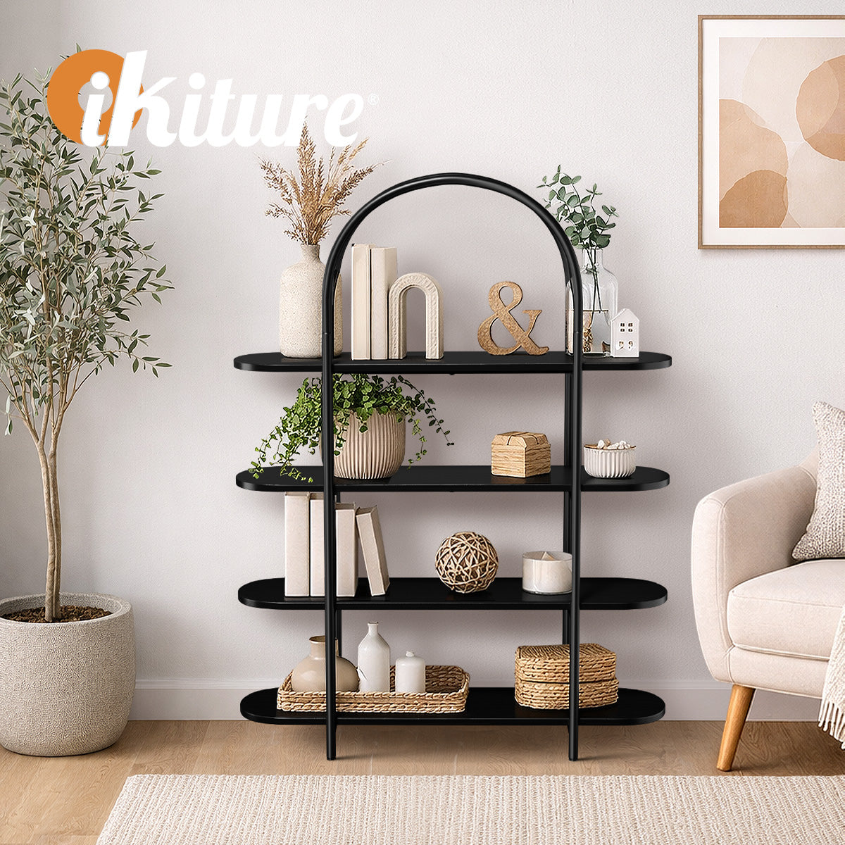 Oikiture Bookshelf 4 Tier Arched Display Shelf Home Industrial Black - Sunyee