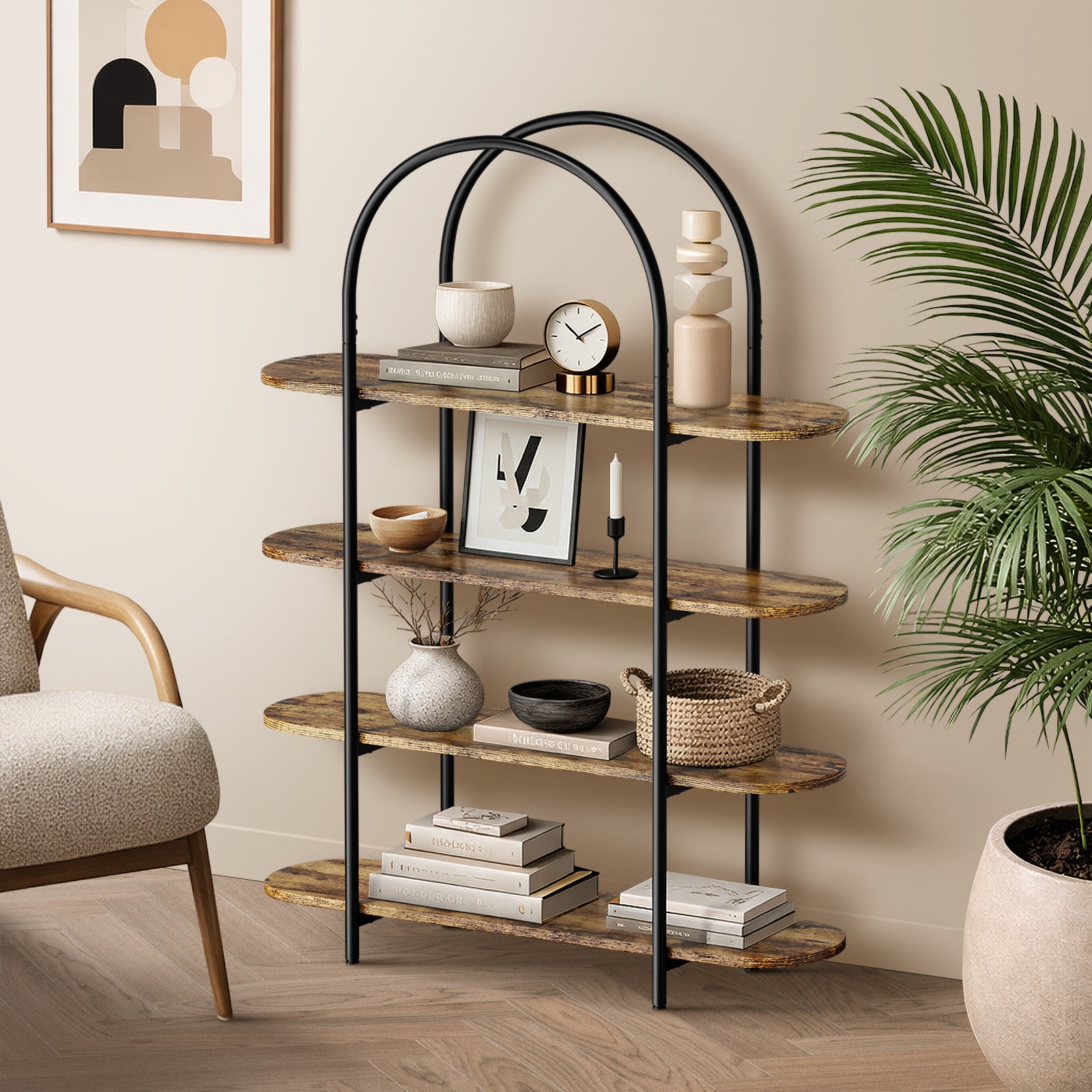 Oikiture Bookshelf 4 Tier Arched Display Shelf Home Industrial Natural - Sunyee