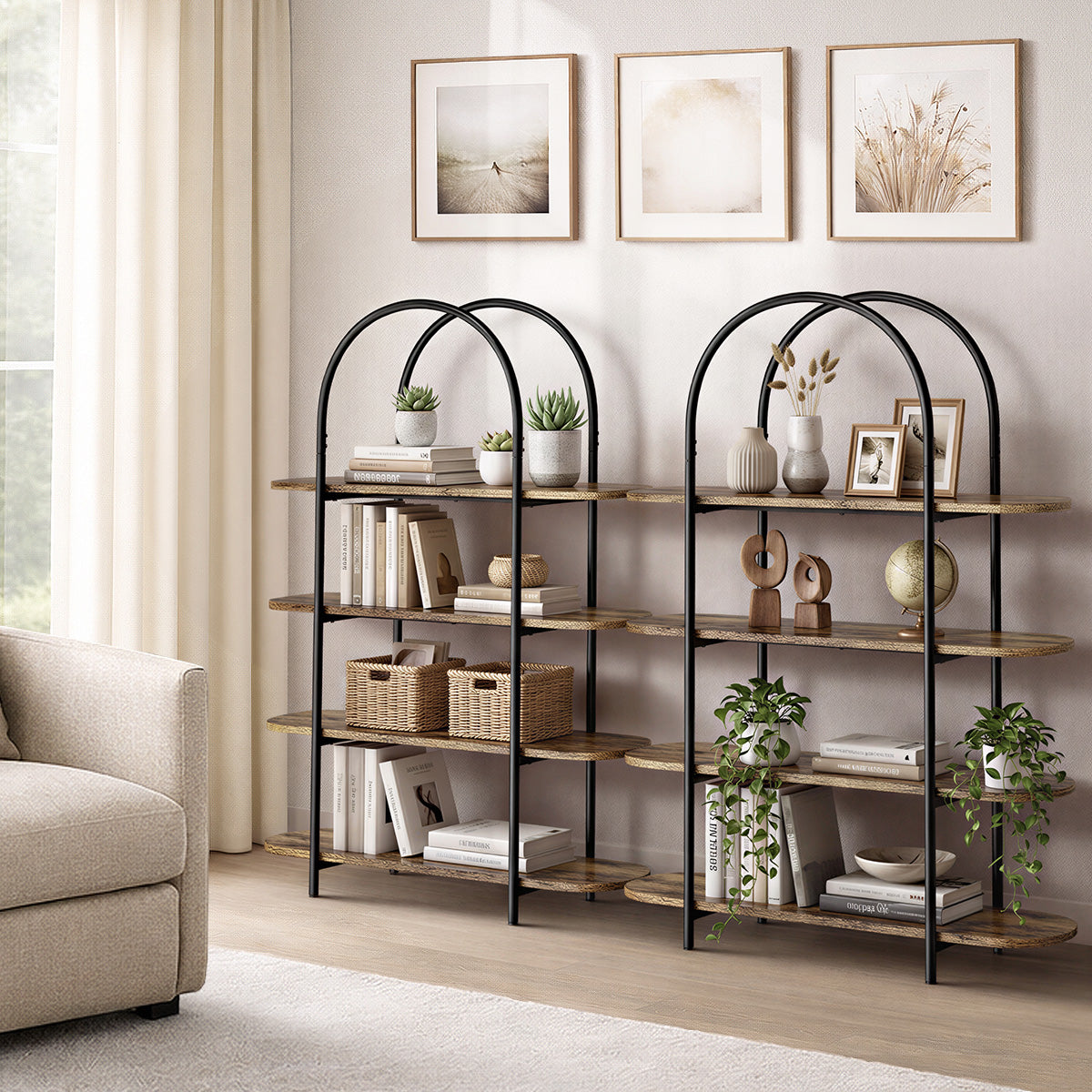 Oikiture Bookshelf 4 Tier Arched Display Shelf Home Industrial Natural - Sunyee