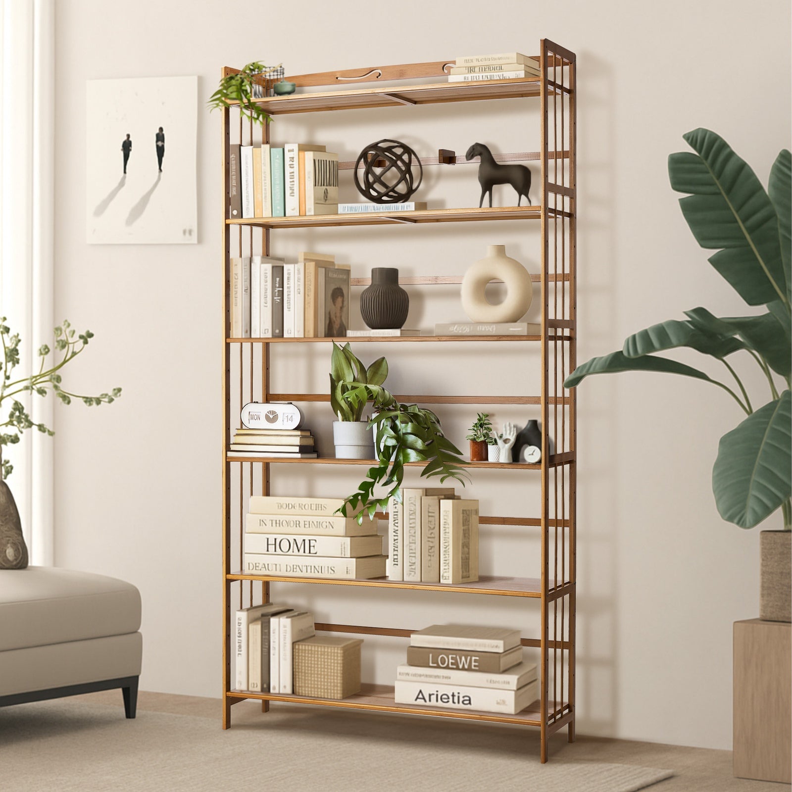 Oikiture 6-tier Bamboo Bookshelf Bookcase Adjustable Display Shelf Storage Rack - Sunyee