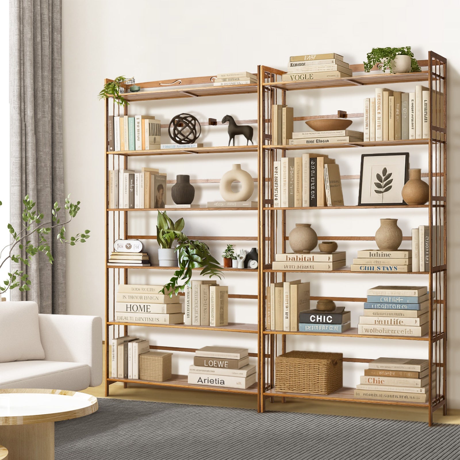 Oikiture 6-tier Bamboo Bookshelf Bookcase Adjustable Display Shelf Storage Rack - Sunyee