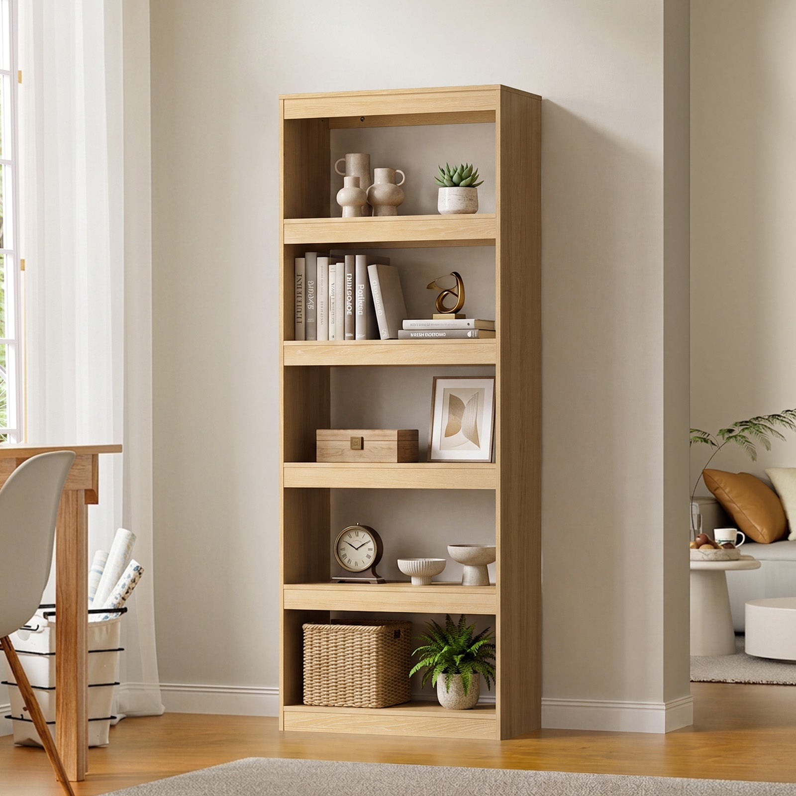 Oikiture 5 Tier Bookshelf Bookcase Display Shelf Open Storage Cabinet Natural