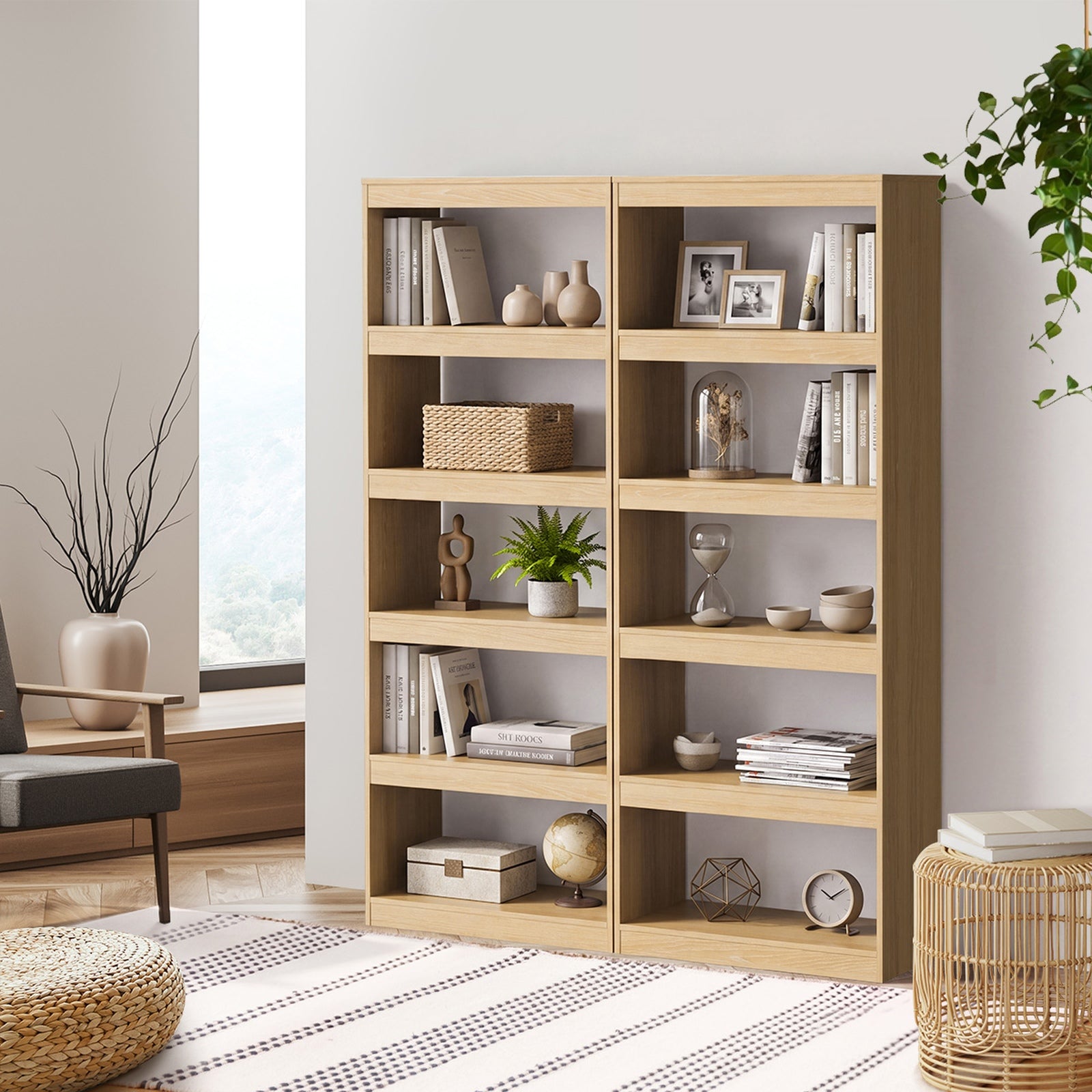 Oikiture 5 Tier Bookshelf Bookcase Display Shelf Open Storage Cabinet Natural