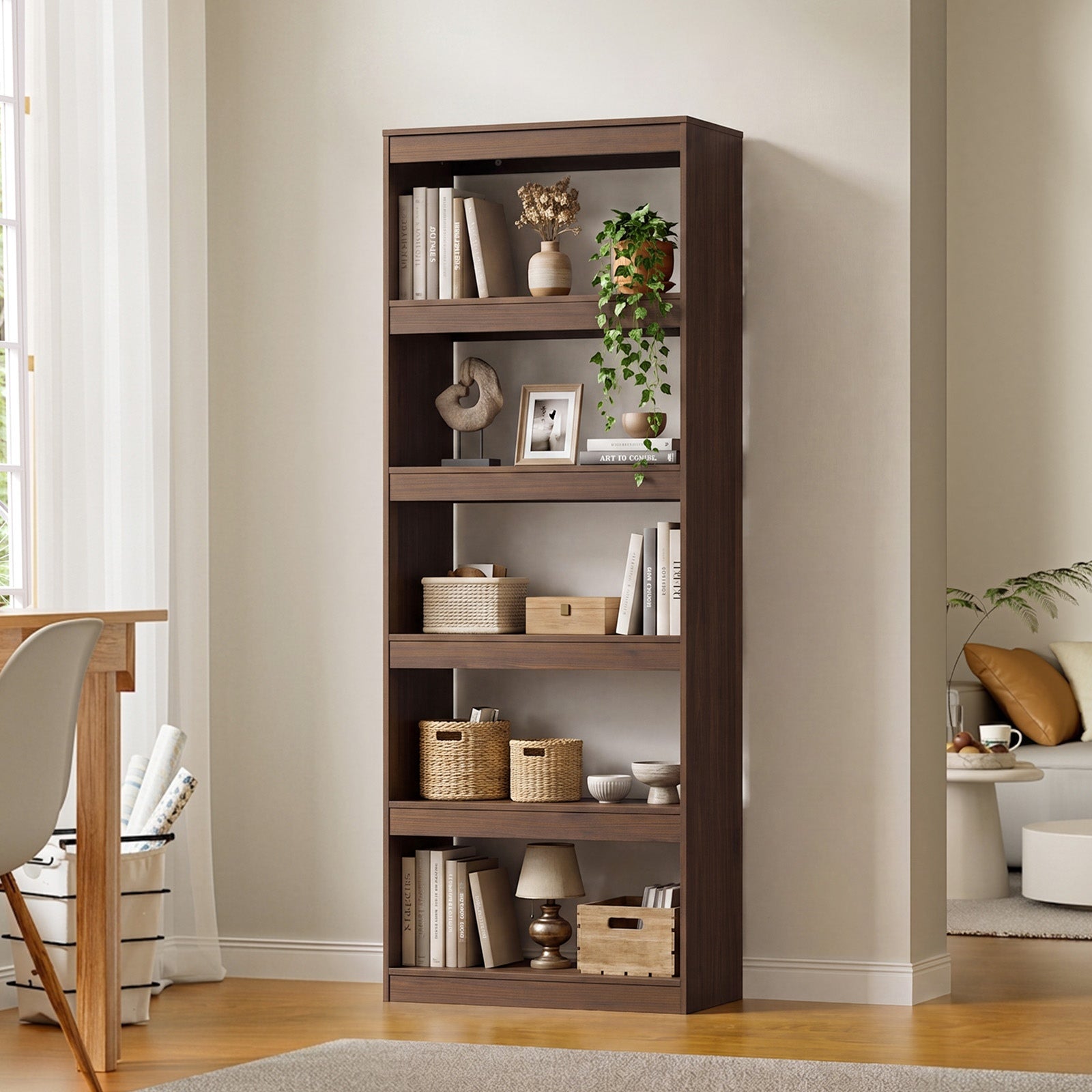 Oikiture 5 Tier Bookshelf Bookcase Display Shelf Open Storage Cabinet Walnut