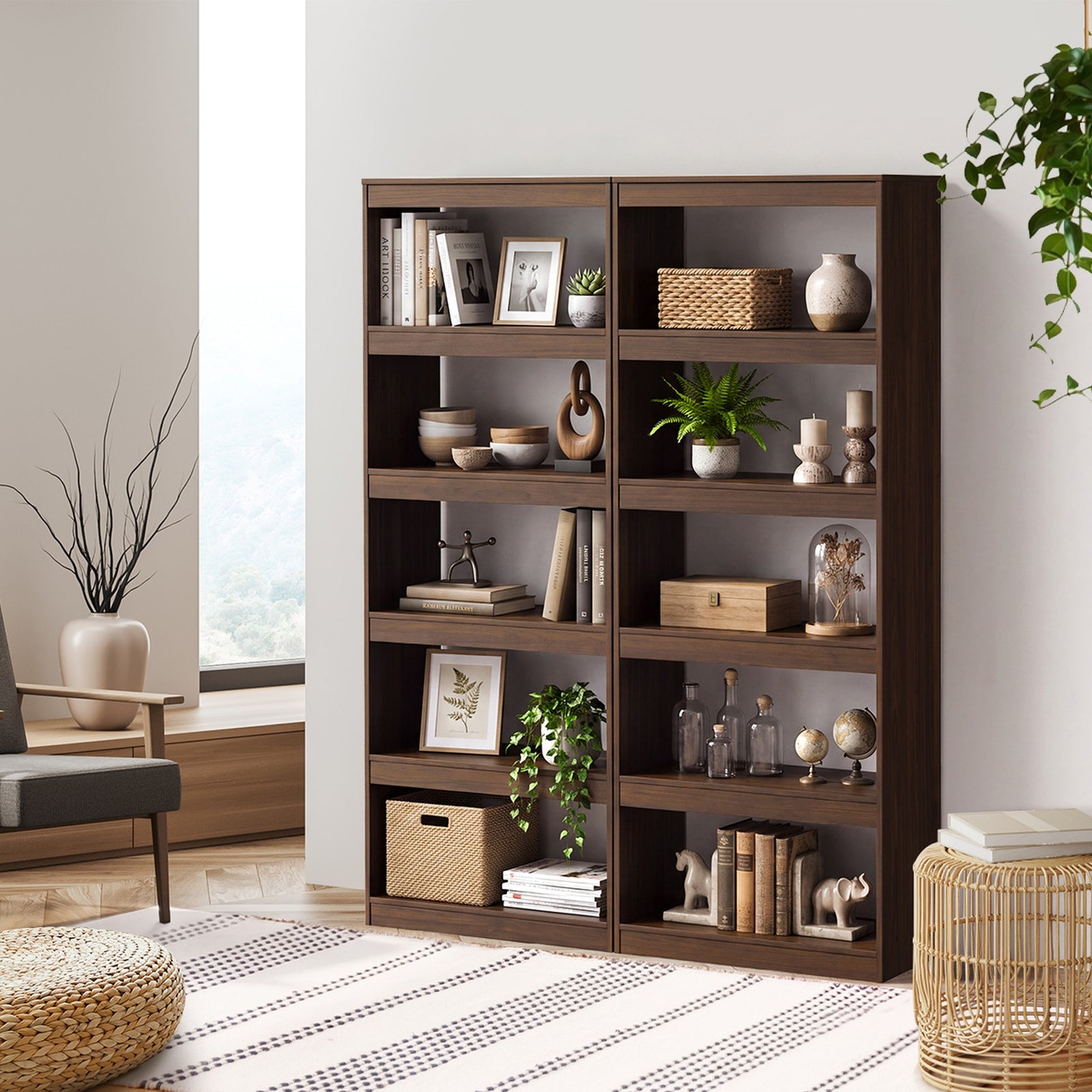 Oikiture 5 Tier Bookshelf Bookcase Display Shelf Open Storage Cabinet Walnut